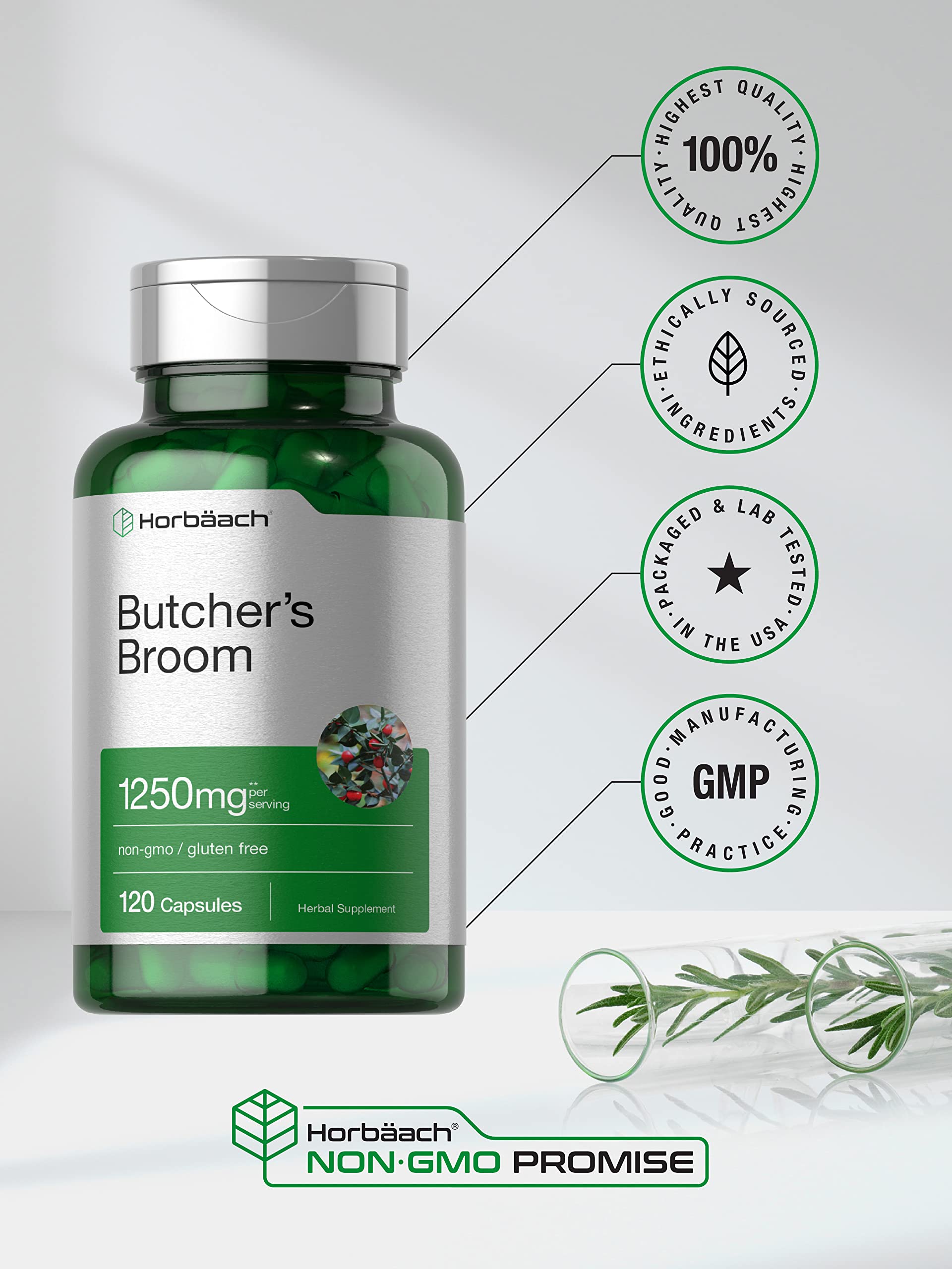 Butchers Broom Capsules 1250mg | 120 Count | Non-GMO, Gluten Free | Traditional Herb Horbäach buy supplements canada