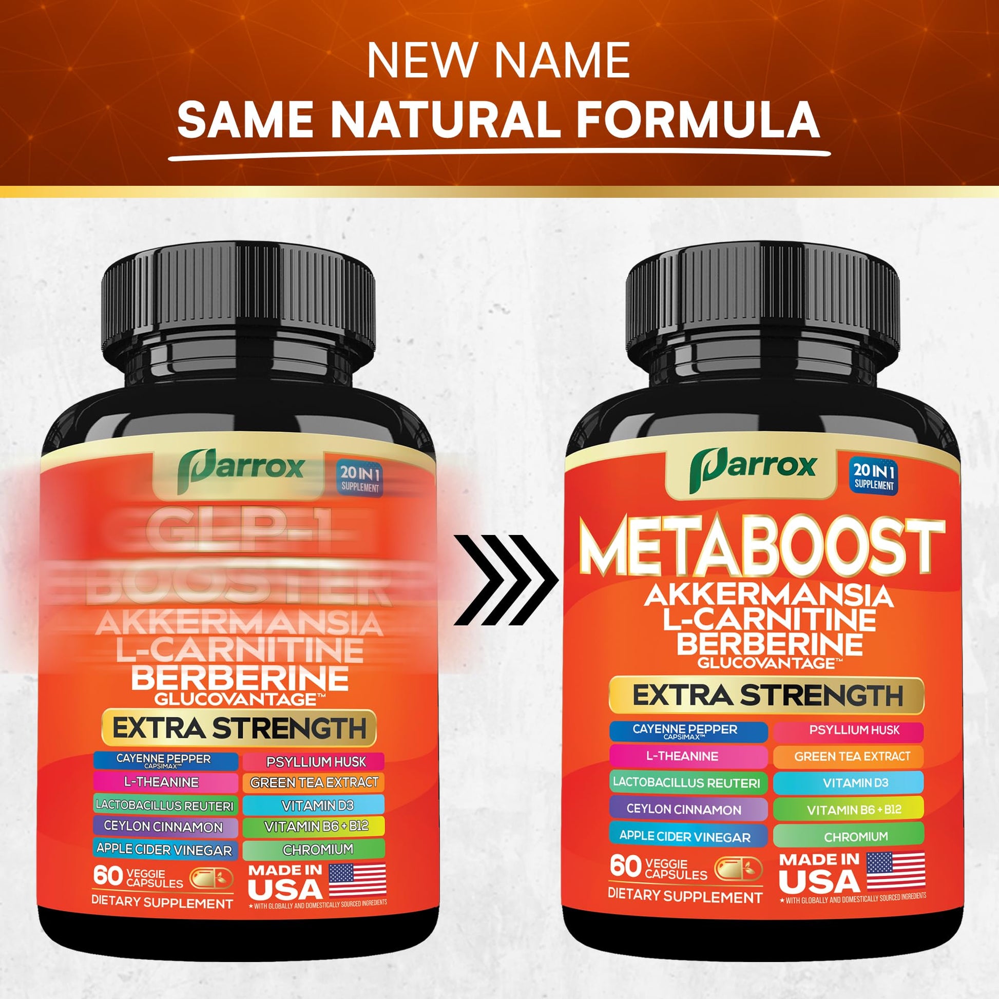 GLP-1 Booster Supplement, Akkermansia, L-Carnitine, Berberine (GlucoVantage), Methylfolate, Methylated B12, Chromium, Capsimax, Psyllium Husk, Probiotics Vitamins D3, B6, 20-in-1 Plant-Based (60 Caps) Parrox buy supplements canada