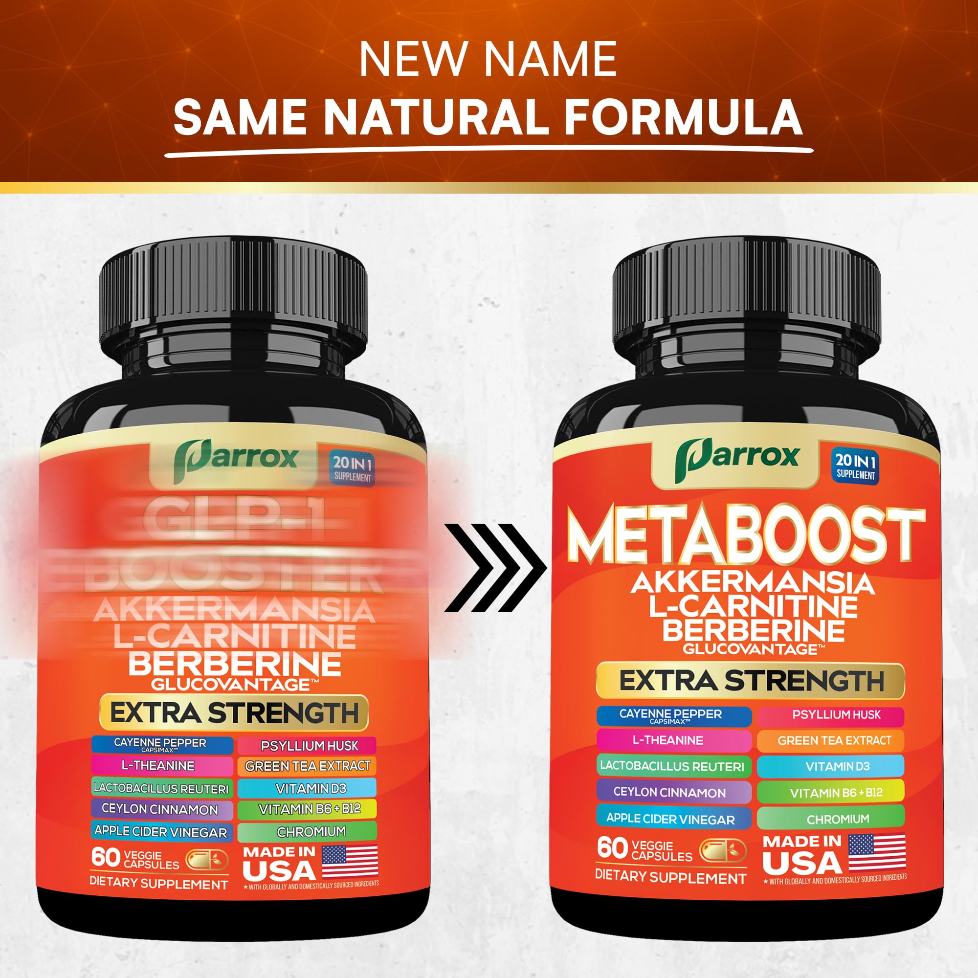GLP-1 Booster Supplement, Akkermansia, L-Carnitine, Berberine (GlucoVantage), Methylfolate, Methylated B12, Chromium, Capsimax, Psyllium Husk, Probiotics Vitamins D3, B6, 20-in-1 Plant-Based (60 Caps) Parrox buy supplements canada
