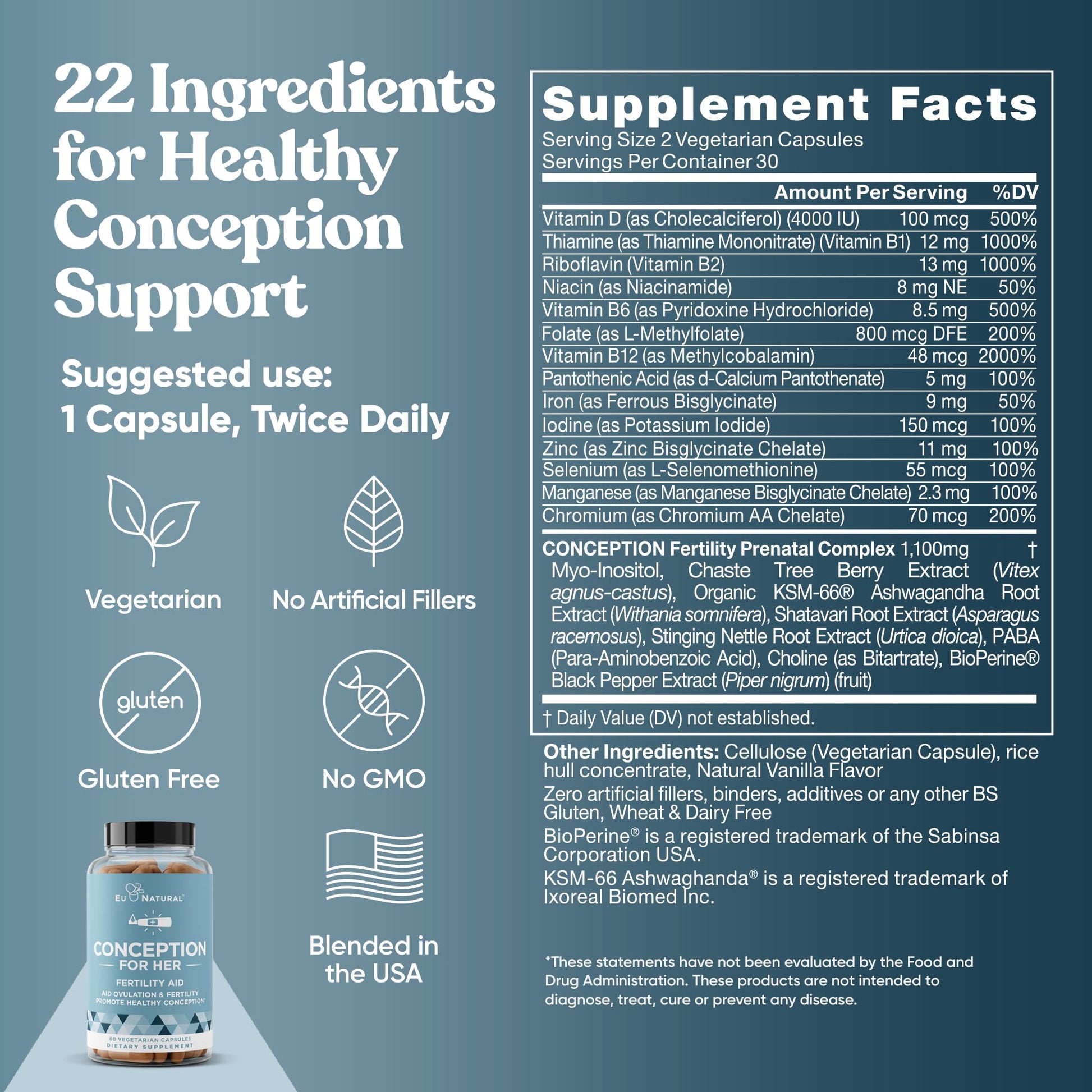 Eu Natural Conception for Her Fertility Supplements for Women - Ovulation, Hormonal Balance & Regular Cycle Support - Myo-Inositol, Folate, Folic Acid & Vitex - 60 Vegetarian Capsules Eu Natural buy supplements canada
