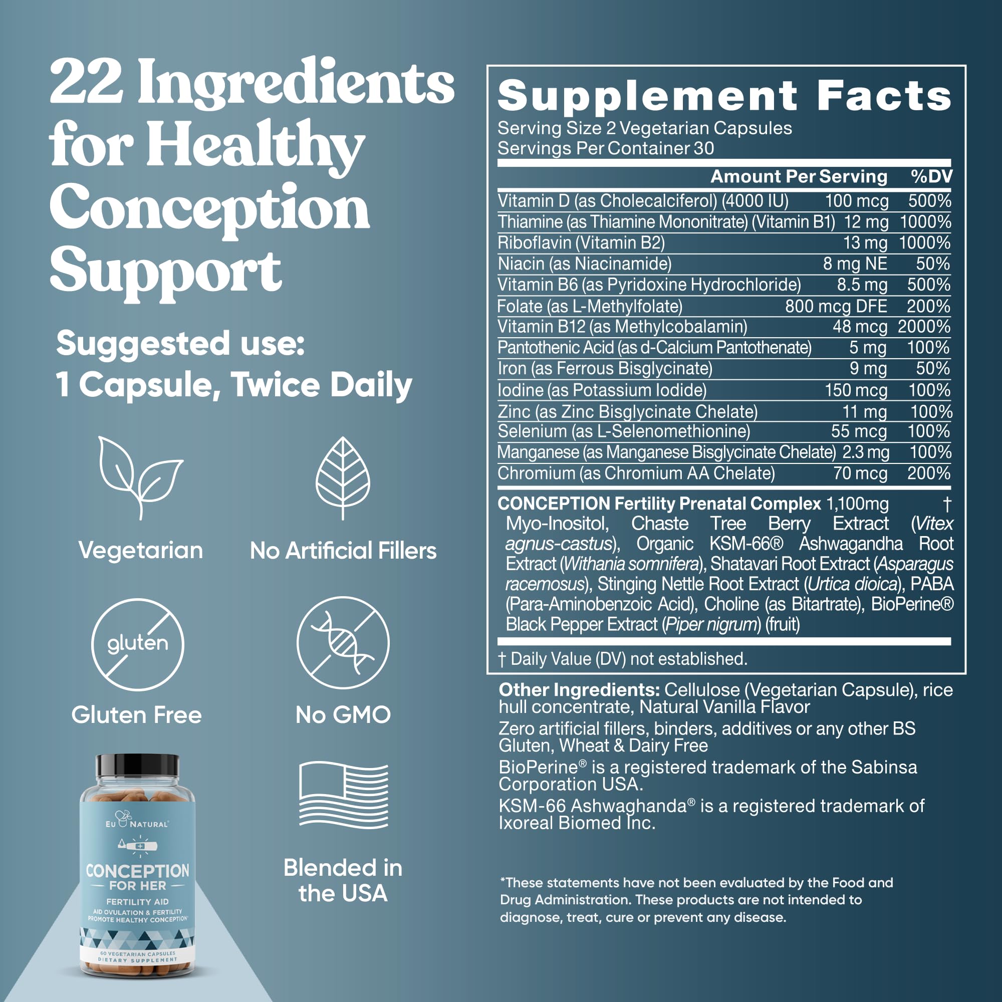 Eu Natural Conception for Her Fertility Supplements for Women - Ovulation, Hormonal Balance & Regular Cycle Support - Myo-Inositol, Folate, Folic Acid & Vitex - 60 Vegetarian Capsules Eu Natural buy supplements canada