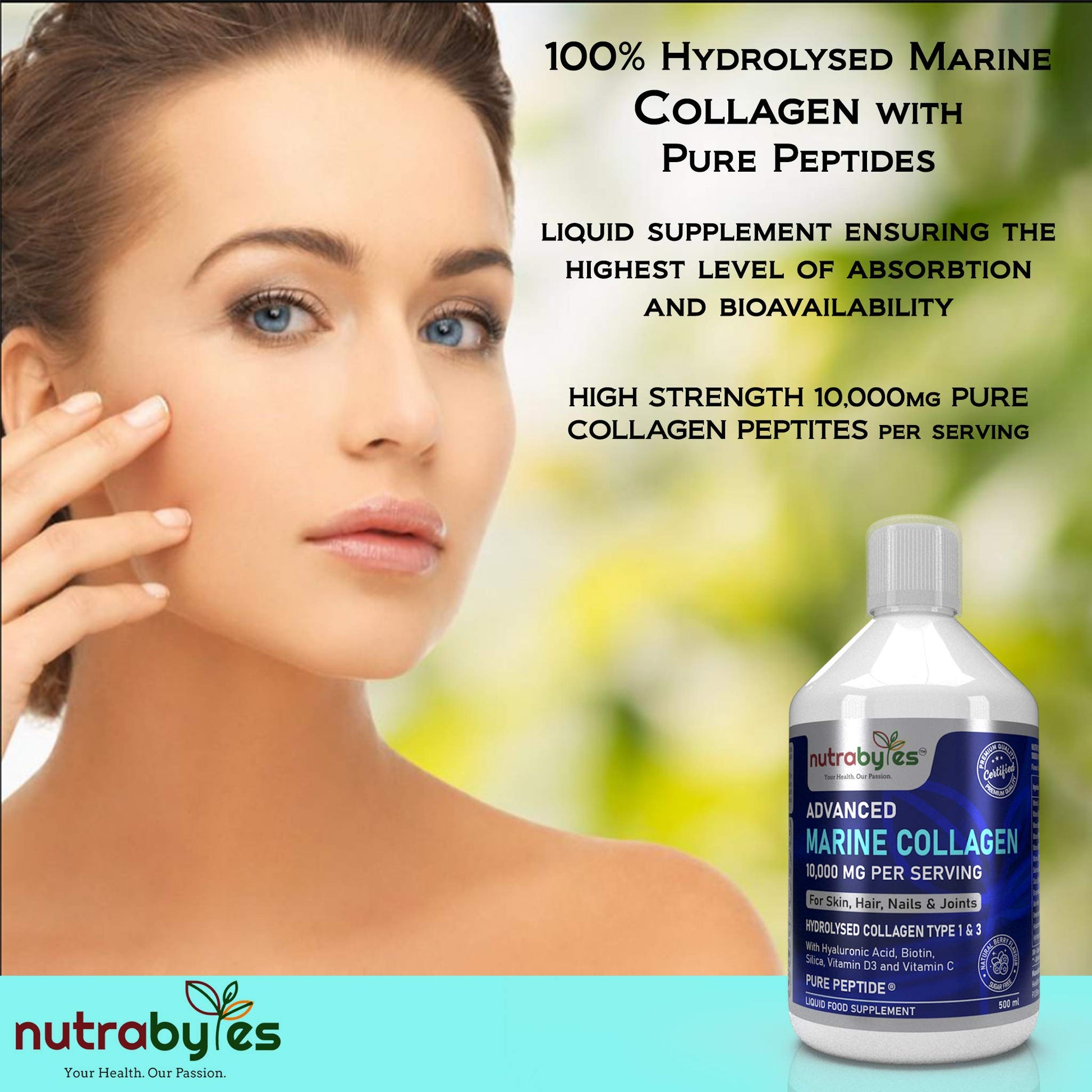 Marine Collagen Liquid 10000mg Sugar Free, Hydrolysed Peptides | Hyaluronic Acid, Biotin, Silica, Vitamin C, Vitamin D3 NUTRABYTES buy supplements canada