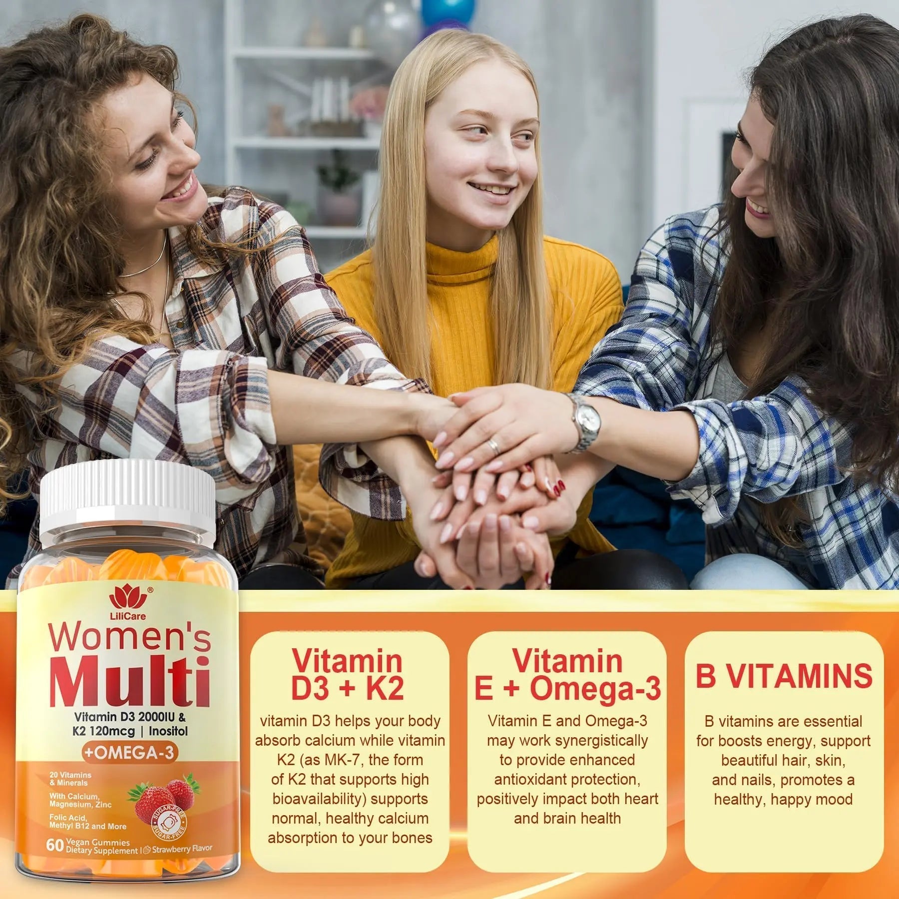 Womens Multivitamin Gummy with Omega 3（DHA/EPA), Vitamin D3 K2, Calcium, Inositol, Daily Womens Vitamin A C E B Complex LILICARE buy supplements canada