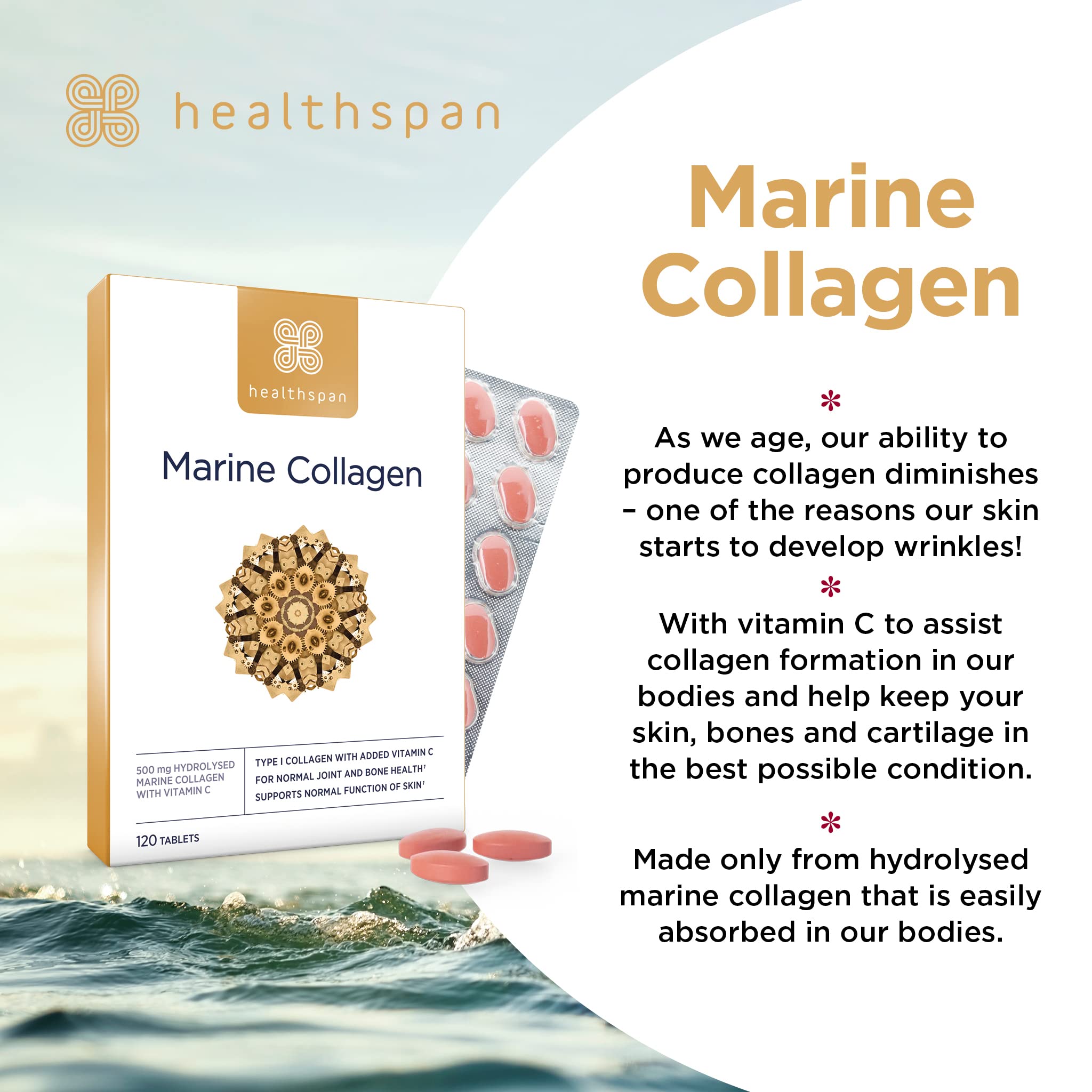 Healthspan Marine Collagen 500mg (120 Tablets) | Hydrolysed Type I Marine Collagen healthspan buy supplements canada