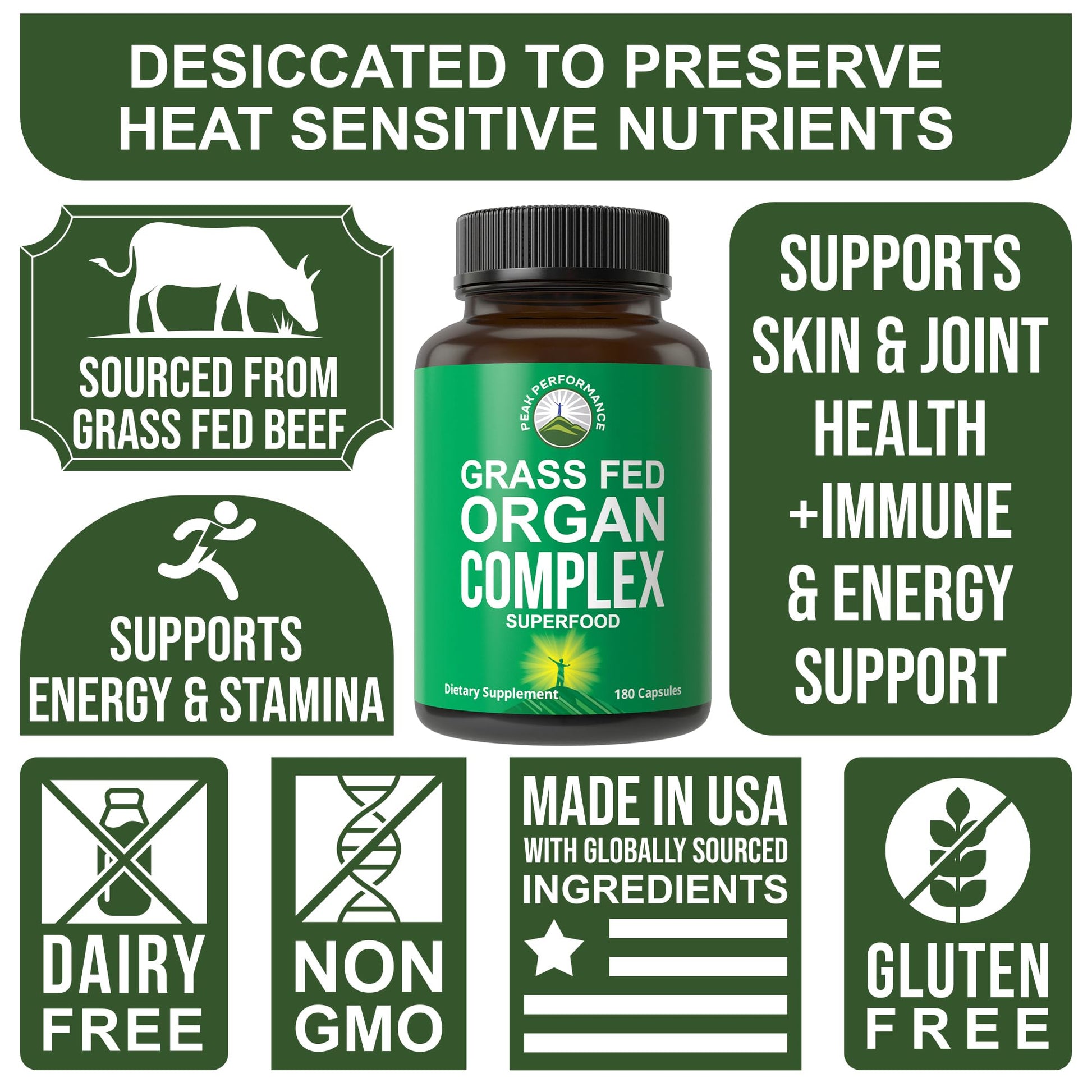 Peak Performance Grass Fed Beef Organ Complex from New Zealand (180 Capsules) Desiccated Organs Superfood Pills. GrassFed Beef Liver Capsules with Heart, Kidney, Pancreas, Spleen. Supplement Peak Performance buy supplements canada