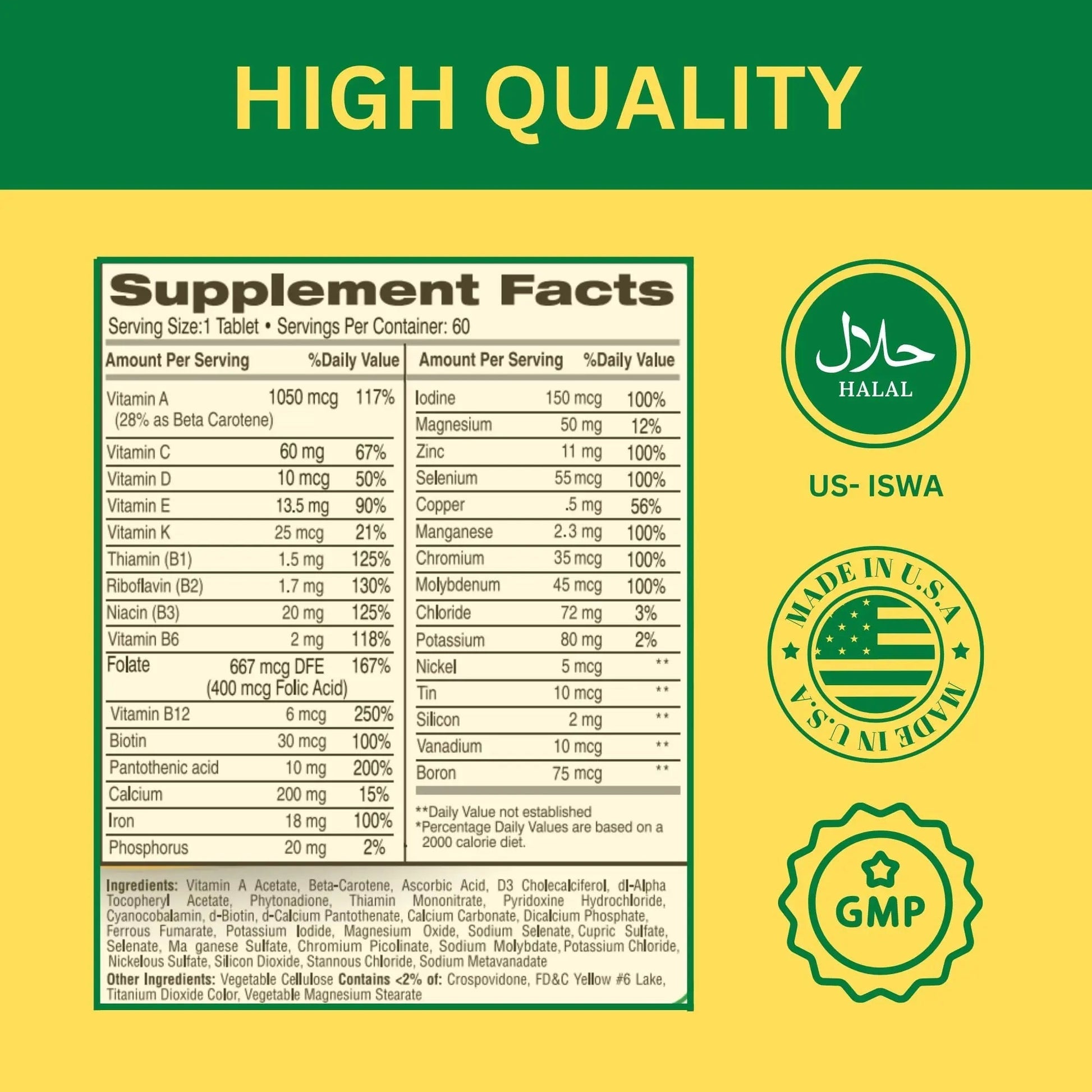Greenfield Nutritions Halal Multivitamins for Women and Men - 60 Gelatin Free Multivitamin Tablets with 27+ Vitamin Minerals, A, B12, C, D3, Iron and Zinc GREEN FIELD NUTRITIONS buy supplements canada