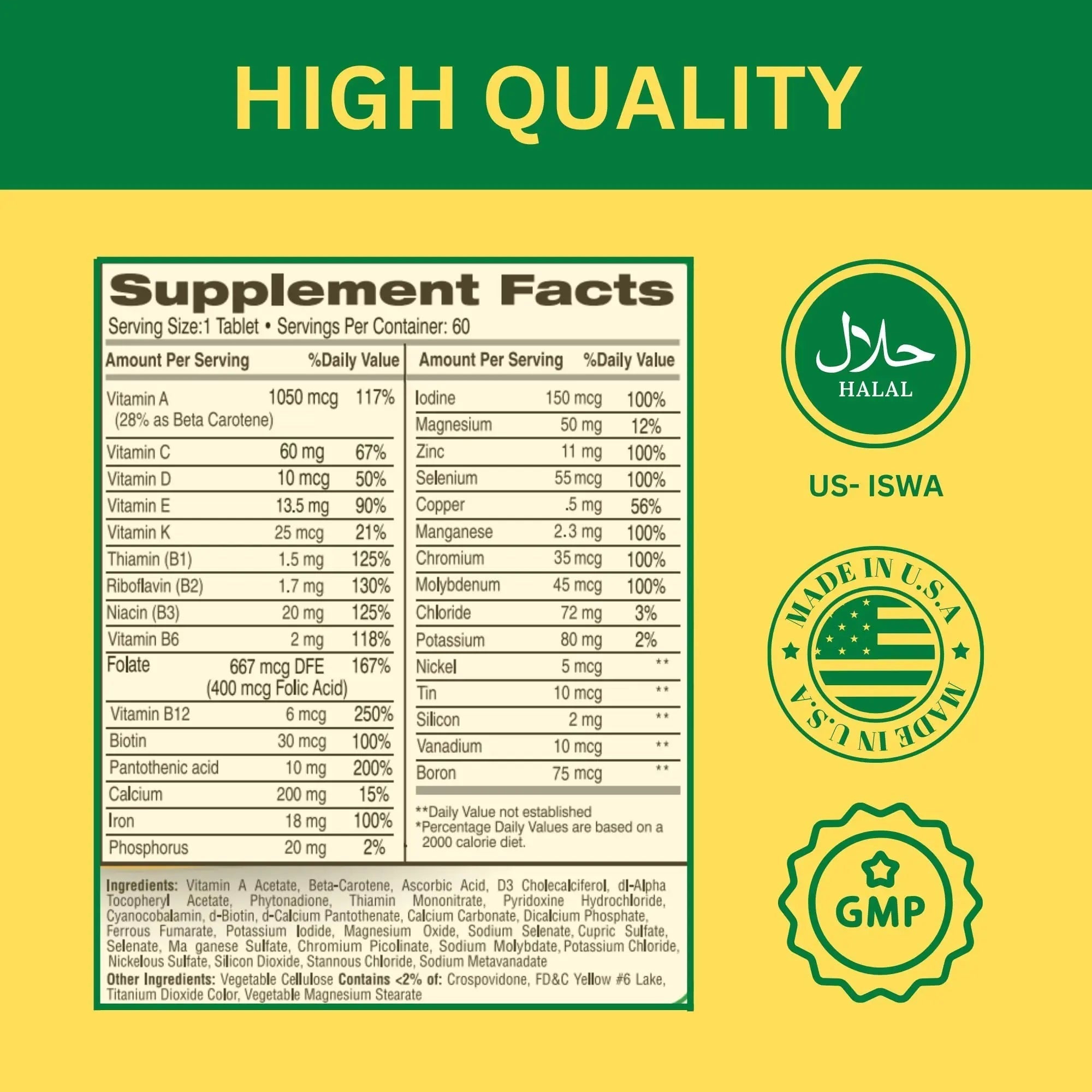 Greenfield Nutritions Halal Multivitamins for Women and Men - 60 Gelatin Free Multivitamin Tablets with 27+ Vitamin Minerals, A, B12, C, D3, Iron and Zinc GREEN FIELD NUTRITIONS buy supplements canada