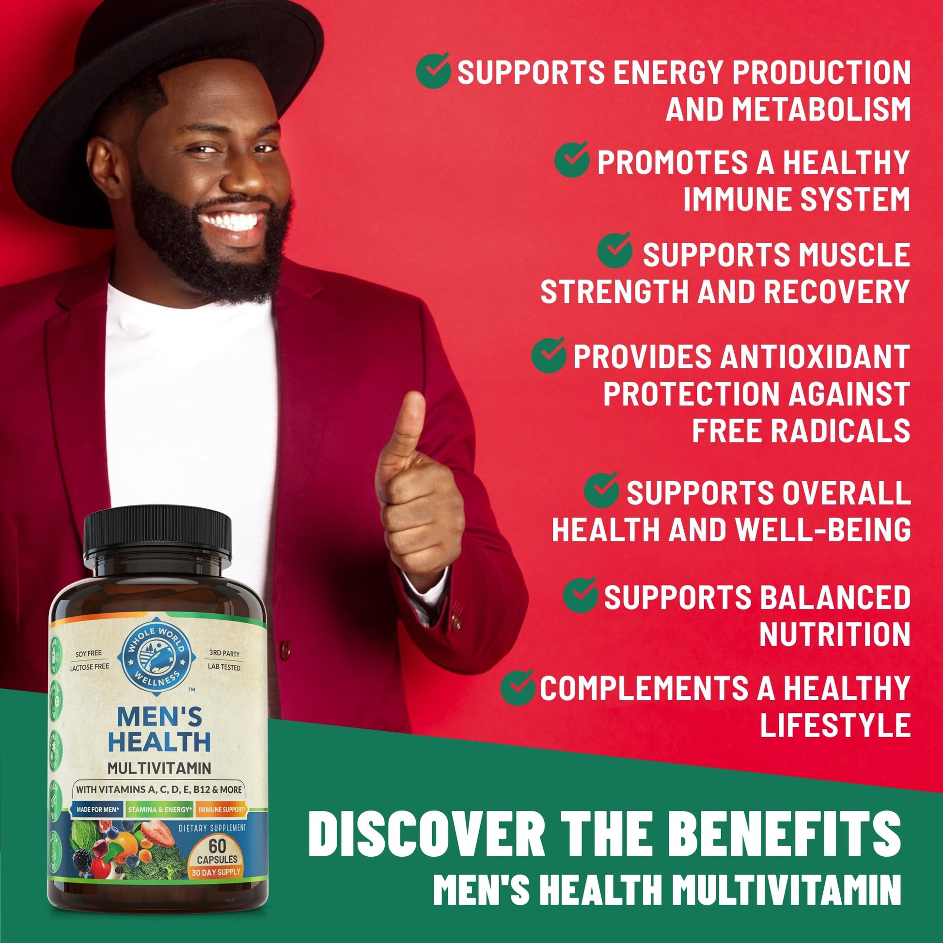 Whole World Wellness Mens Daily Multivitamin Multimineral Supplement for Energy, Focus, Stamina & Performance. Made for Men with 30+ Nutrients, Fruit & Energy Blend. Mens Vitamins, Made in The USA. WHOLE WORLD WELLNESS buy supplements canada