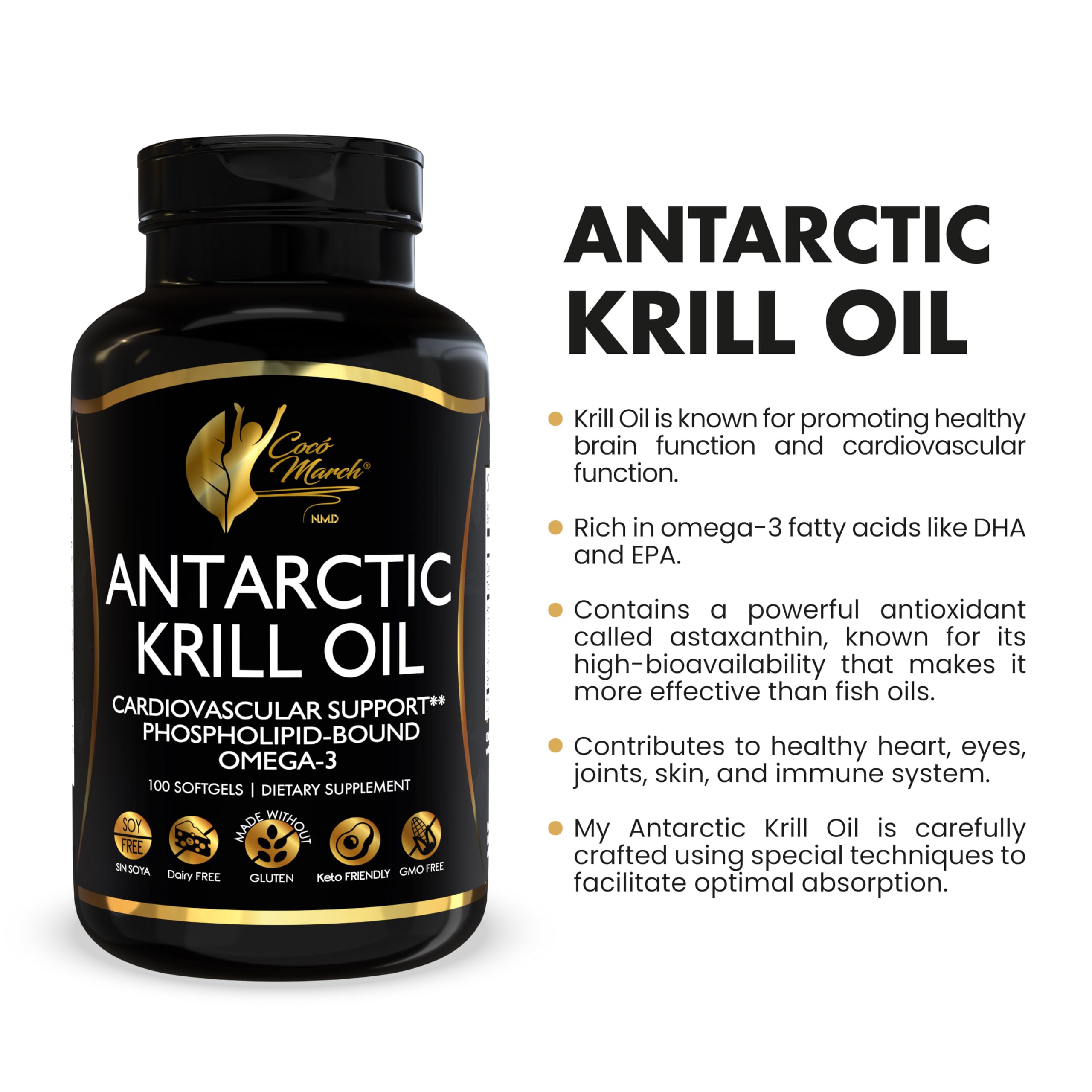 Cocó March N.M.D Pure Antarctic Krill Oil 1000mg – Omega 3 Fish Oil Supplement with EPA, DHA, Choline & Astaxanthin – Fast Absorption, Immune, Heart & Joint Support for Men & Women – 100 Softgels Cocó March N.M.D buy supplements canada