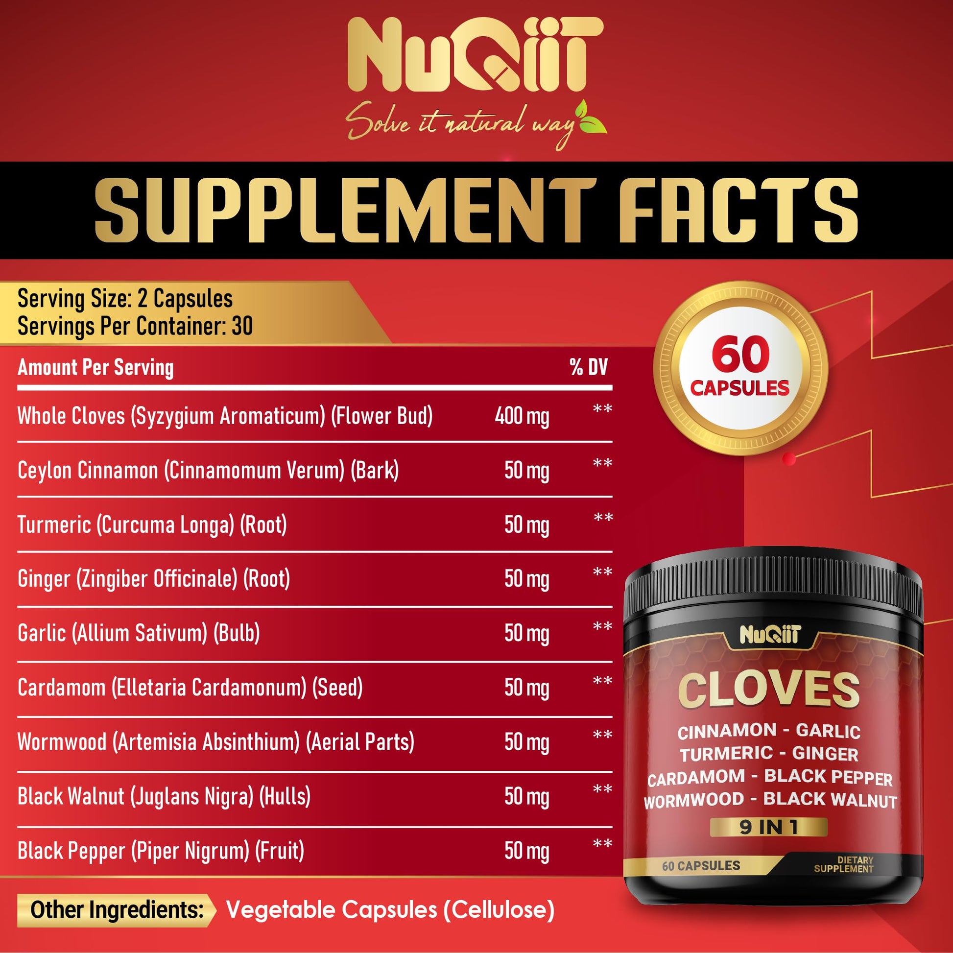 9in1 Clove Supplement Rich in Vitamins & Minerals for Digestive, Immune System, Bone & Heart Health with Cinnamon, Turmeric, Ginger, Cardamom, Garlic, Wormwood, Black Walnut - 60 Capsules - 30 Days NUQIIT buy supplements canada