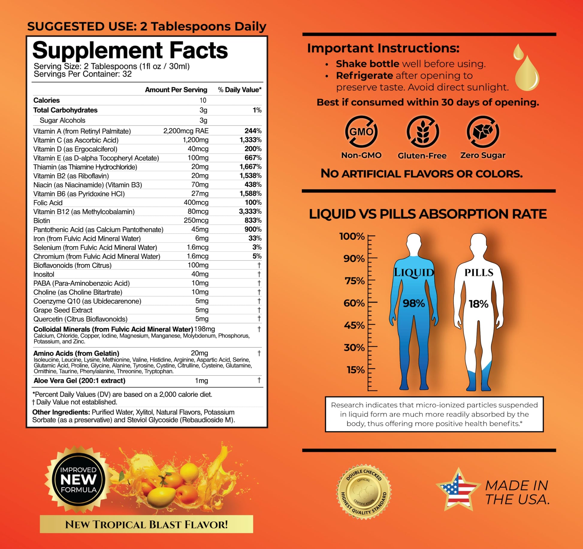 Mega Premium Liquid Multivitamin | Natural Immune Support Vitamin w/ 1333% Vitamin C, 200% D3, Zinc + 20 Vitamins, 70 Minerals, & 21 Amino Acids | Sugar Free | Orange Flavor | 98% Absorption | 32 Serv Tropical Oasis buy supplements canada