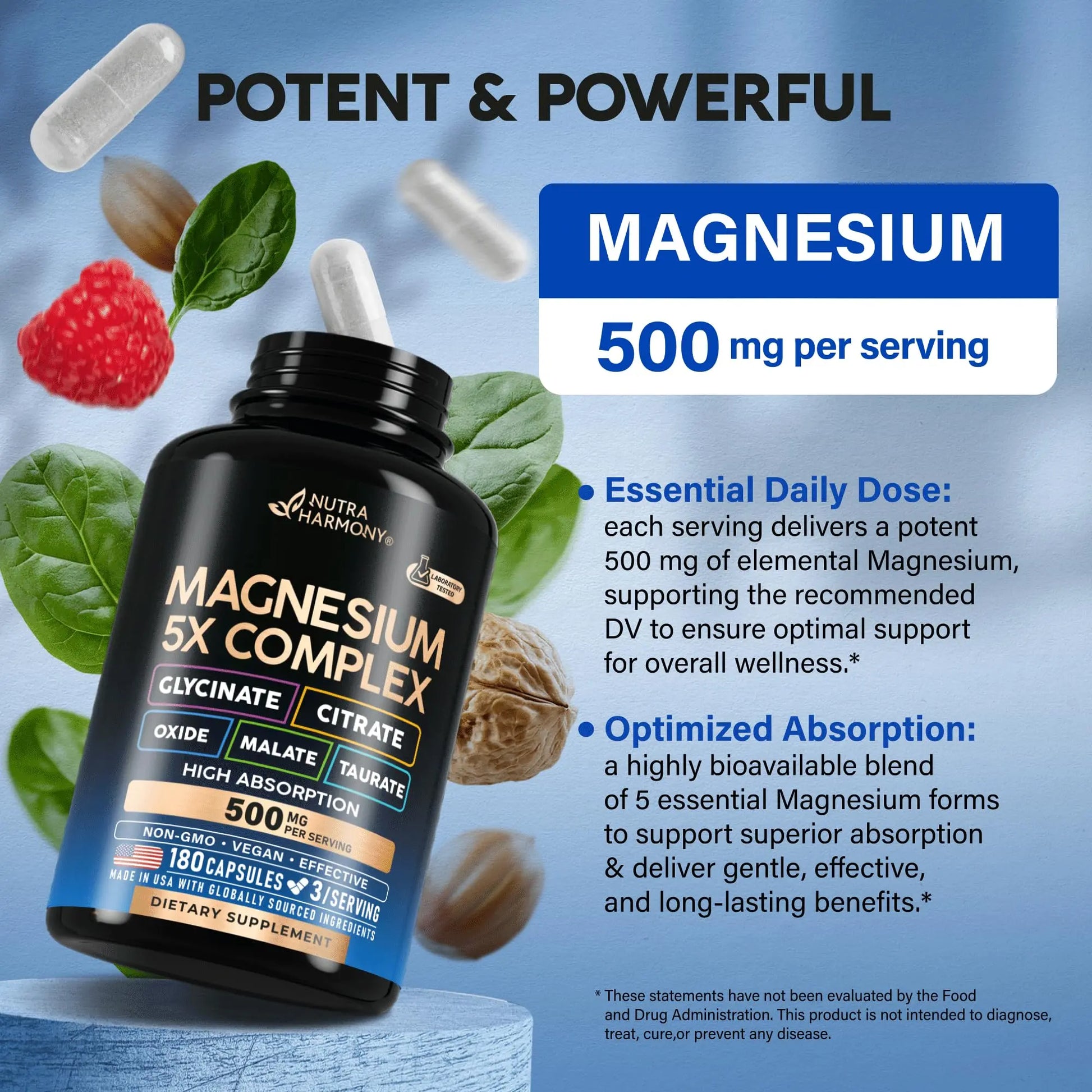 Magnesium Supplement - 5 in 1 Complex | Glycinate | Citrate | Malate | Taurate | Oxide - Made in USA - Stress, Muscle & Heart Support - Vegan, Natural, Non-GMO - 180 Capsules, 2 Month Supply NUTRAHARMONY buy supplements canada