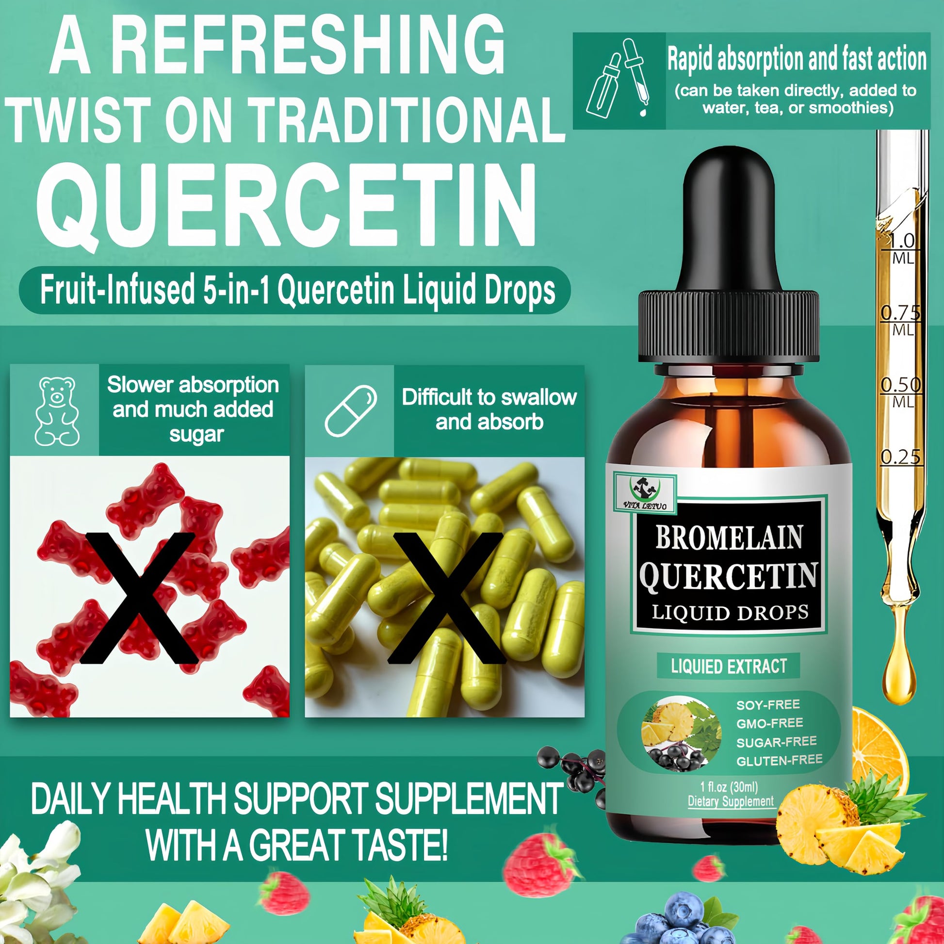 Quercetin Liquid Drops, Quercetin with Bromelain Elderberry Nettle Leaf Vitamin C Liquid Supplements, High Absorption Quercetin Liquid Drops for Women Men, Healthy Immune Antioxidant Support, Non-GMO Vita letuo buy supplements canada