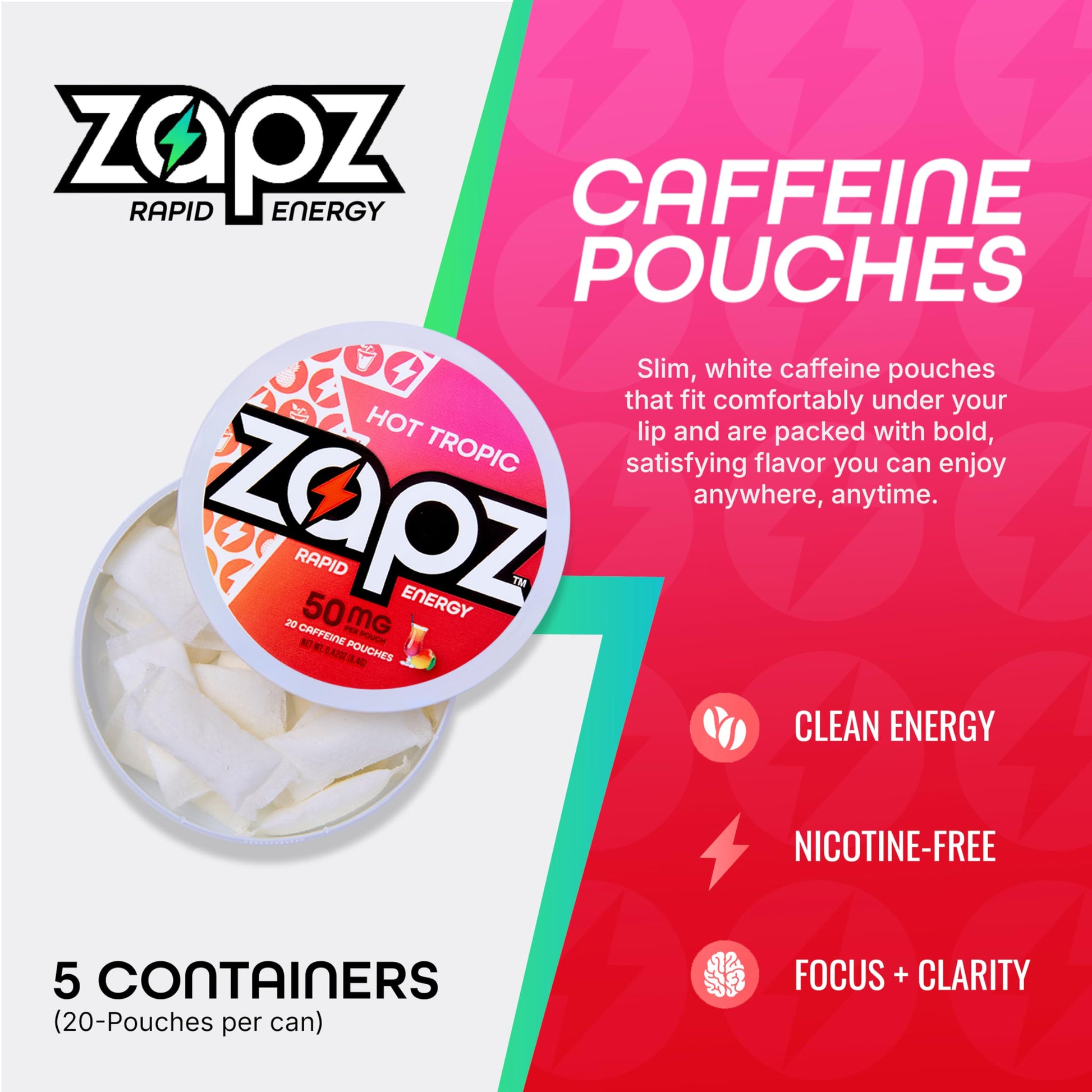 ZAPZ Caffeine Pouches, Hot Tropic, 5 Cans x 20 Count, Energy Pouches with 50mg Caffeine, Nootropic Focus Support, Niacin, L-Theanine, L-Tyrosine, Sugar Free, No Coffee Grinds ZAPZ buy supplements canada