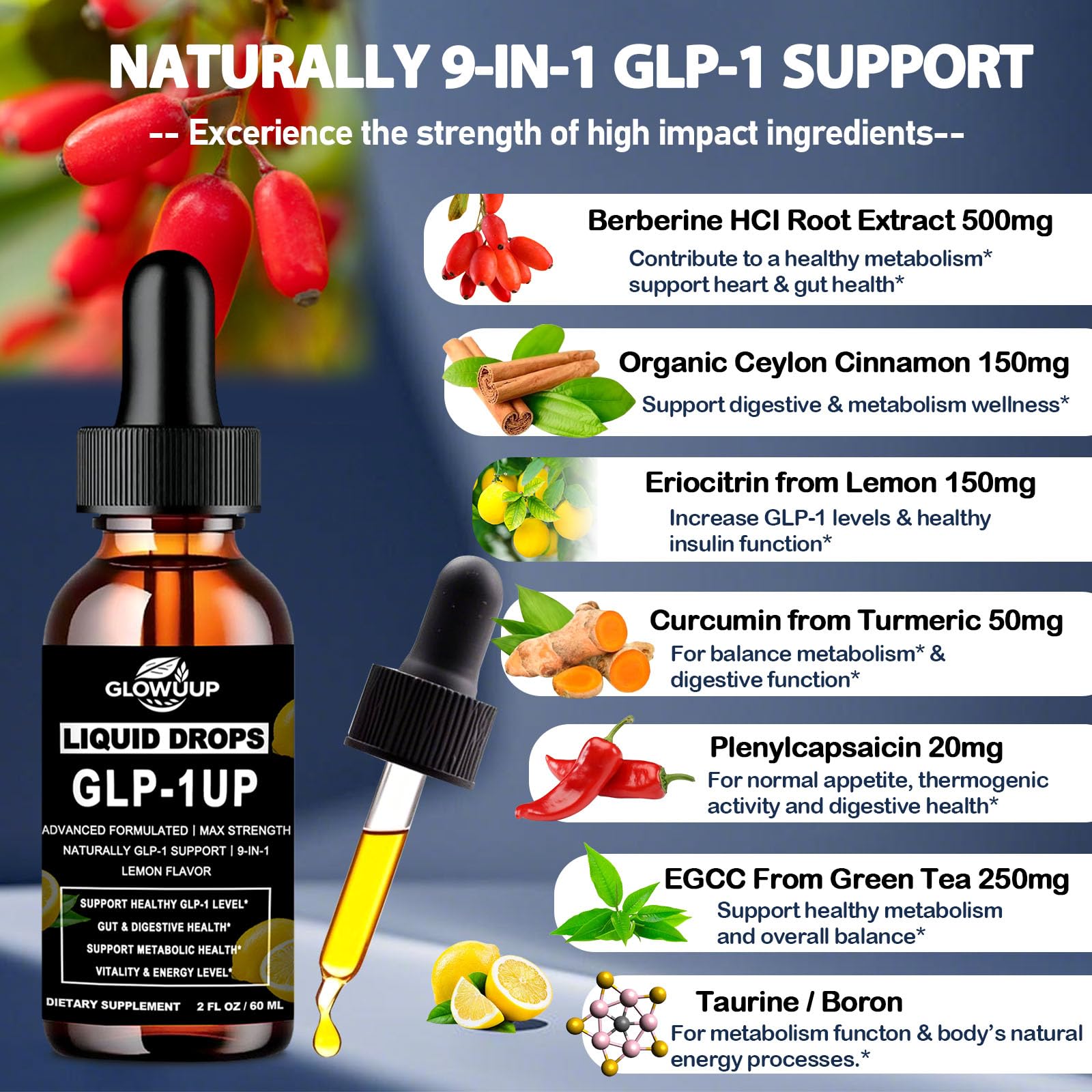 GLP-1 Supplement for Women & Men, 9-in-1 Naturally GLP-1 Support w. Berberine HCI Cyelon Cinnamon Green Tea Eriocitrin, GLP1 for Gut Digestion Metabolic, GLP-1 Drops 6X Stronger Than Capsules GLOVVUUP buy supplements canada