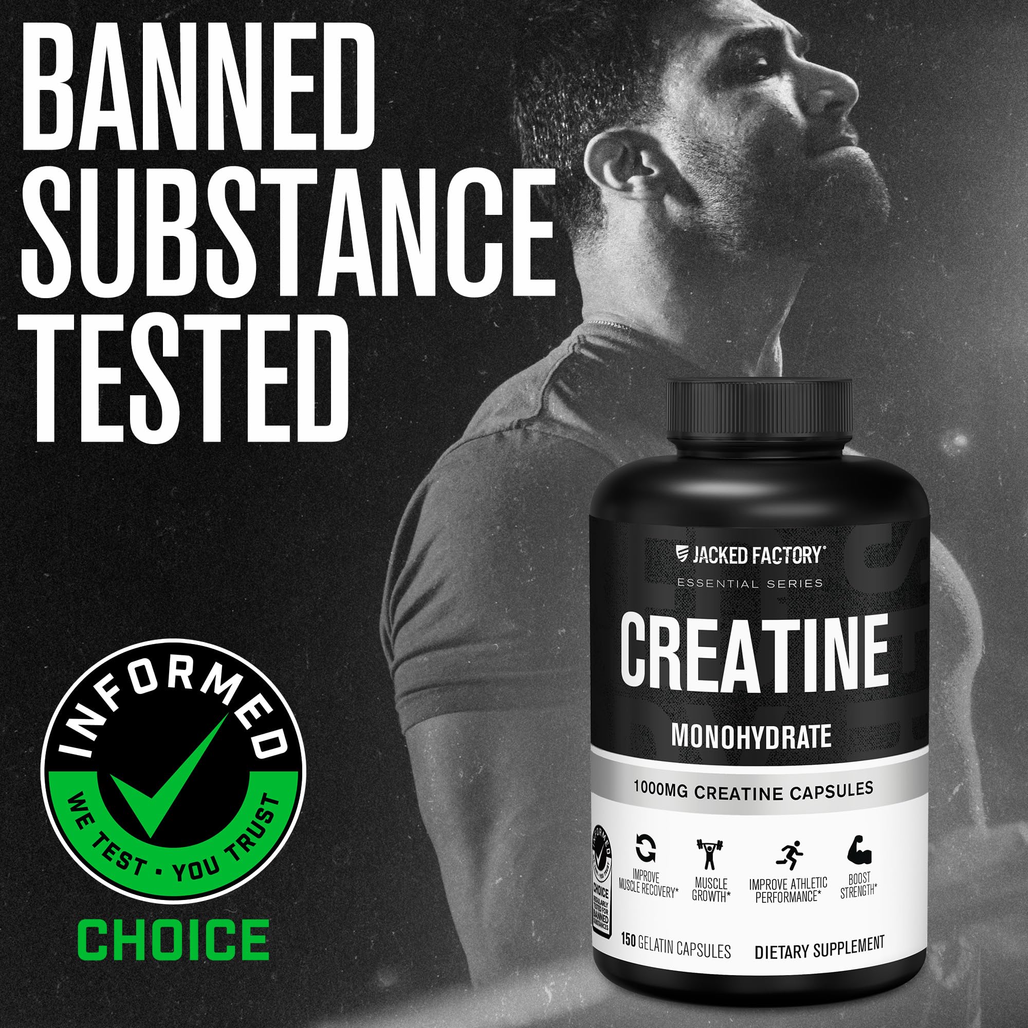 Jacked Factory Creatine Monohydrate Capsules - Creatine Pills for Muscle Growth, Increased Strength, Enhanced Energy Output and Improved Athletic Performance - 150 Capsules Jacked Factory buy supplements canada