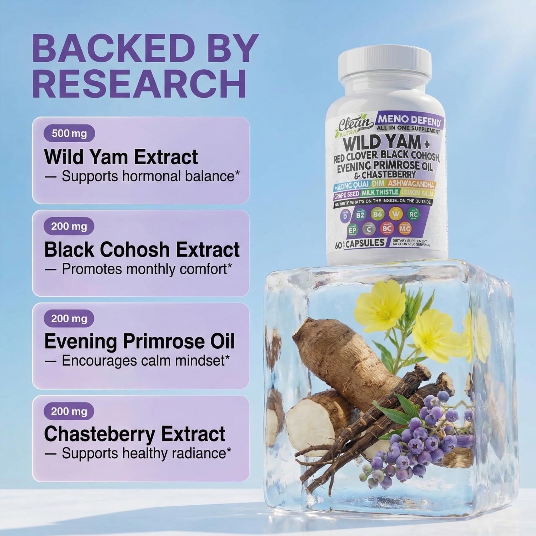 Clean Nutra Wild Yam Root Capsules with Red Clover Black Cohosh Evening Primrose Oil Chasteberry Dong Quai DIM Ashwagandha Grape Seed Extract Milk Thistle Lemon Balm Clean Nutraceuticals buy supplements canada