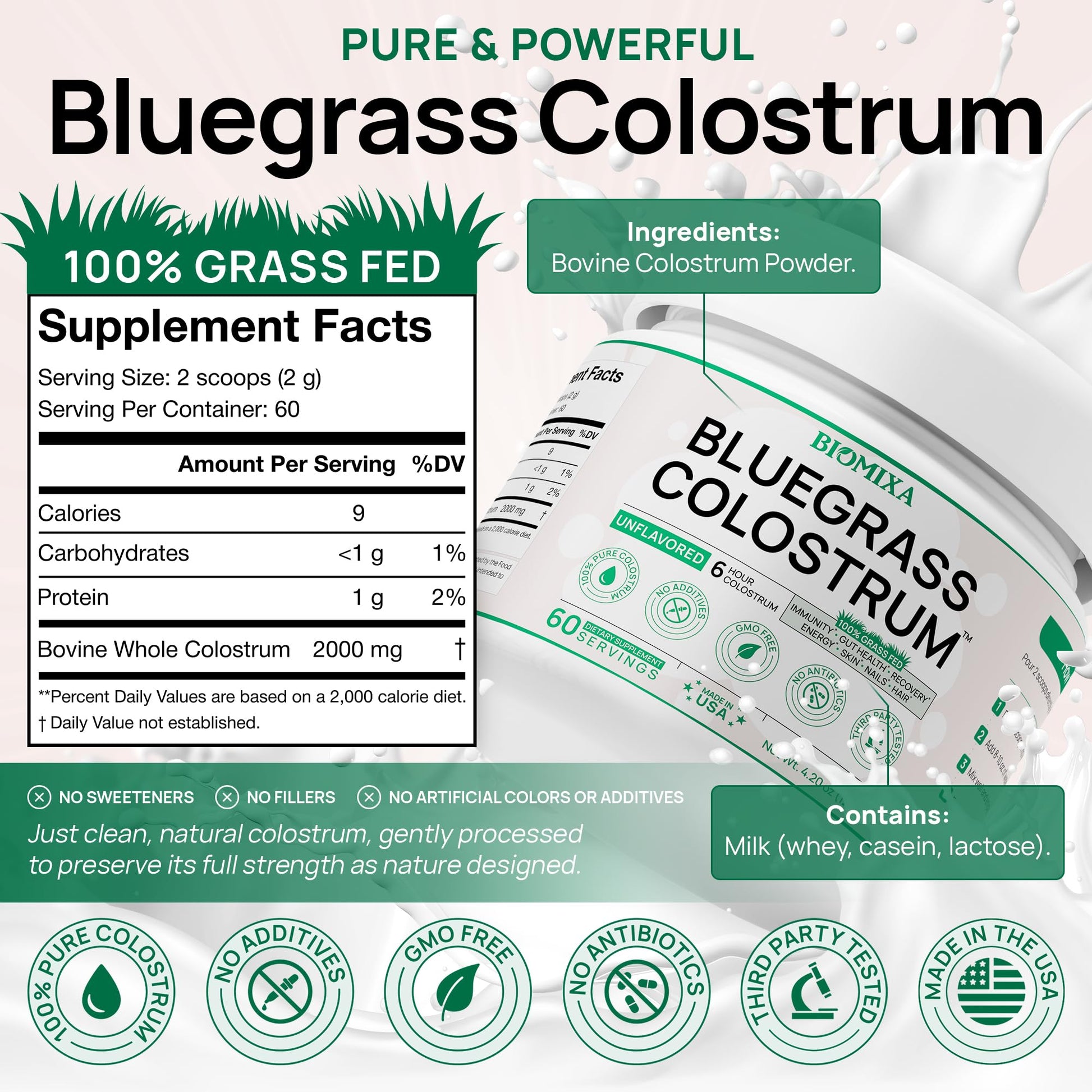 Bovine Colostrum Supplement - 100% Pure Whole Colostrum Powder - Grass-Fed, Unflavored, No Additives, Gut & Immune Support, Natural IgG, 60 Servings - Made in USA Bluegrass Colostrum buy supplements canada