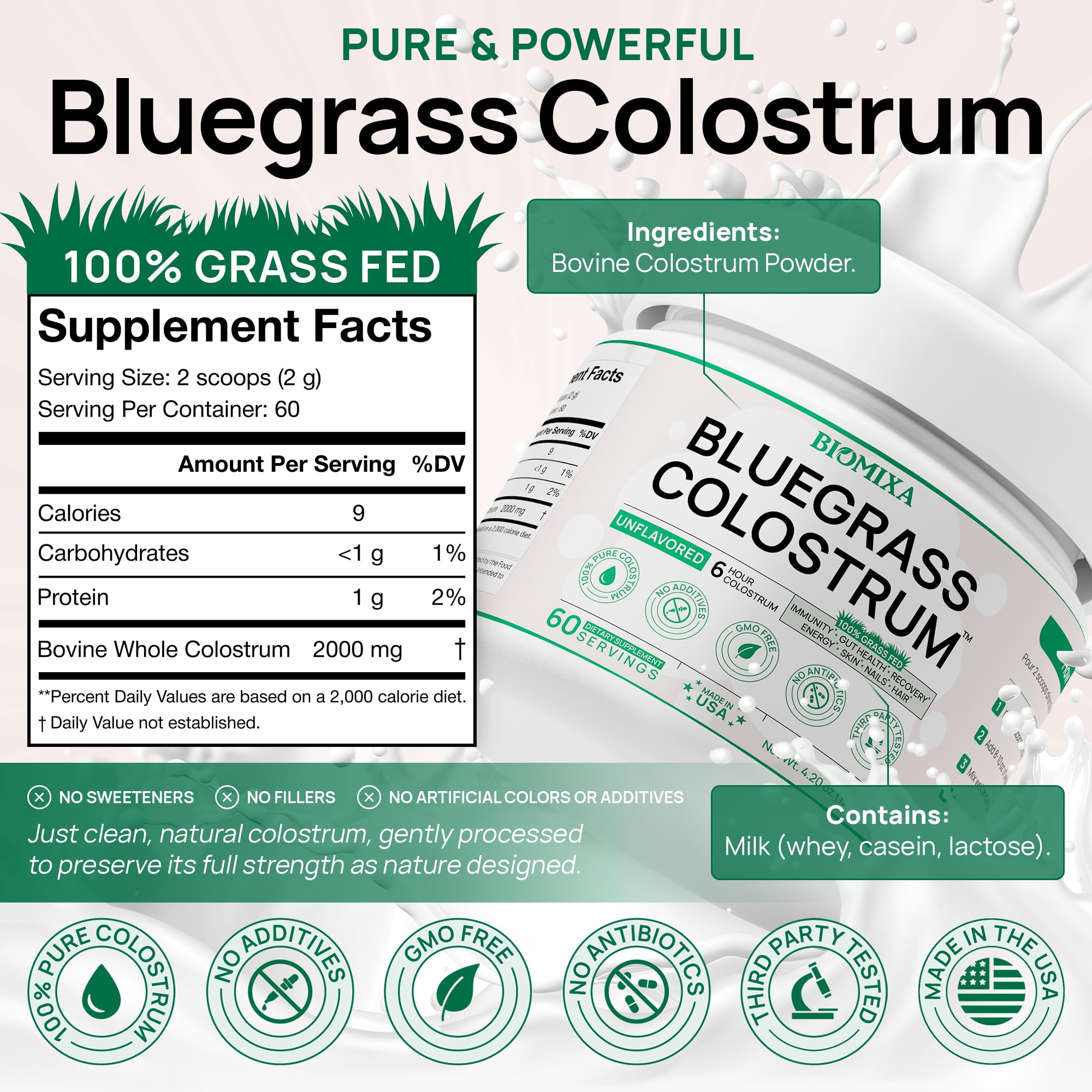 Bovine Colostrum Supplement - 100% Pure Whole Colostrum Powder - Grass-Fed, Unflavored, No Additives, Gut & Immune Support, Natural IgG, 60 Servings - Made in USA Bluegrass Colostrum buy supplements canada