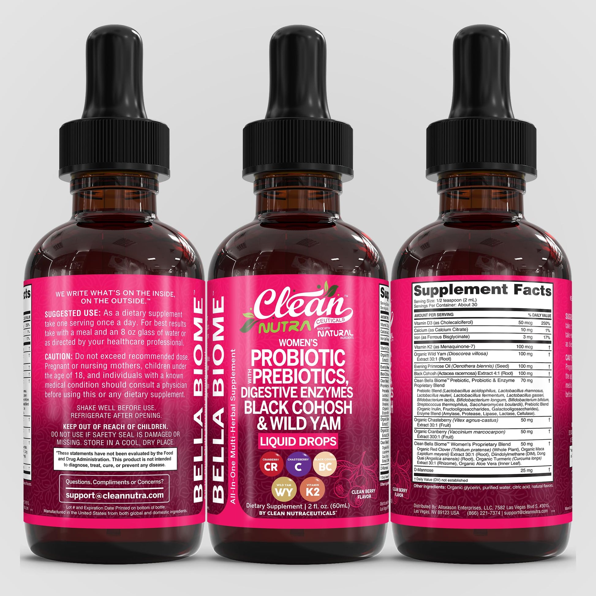 Liquid Probiotics for Women Drops with Chasteberry, Black Cohosh, Prebiotics, Digestive Enzymes, Evening Primrose Oil, Wild Yam, Cranberry Dmannose and Iron Vitamin D3 K2 Clean Nutra Bella Biotics Clean Nutraceuticals buy supplements canada
