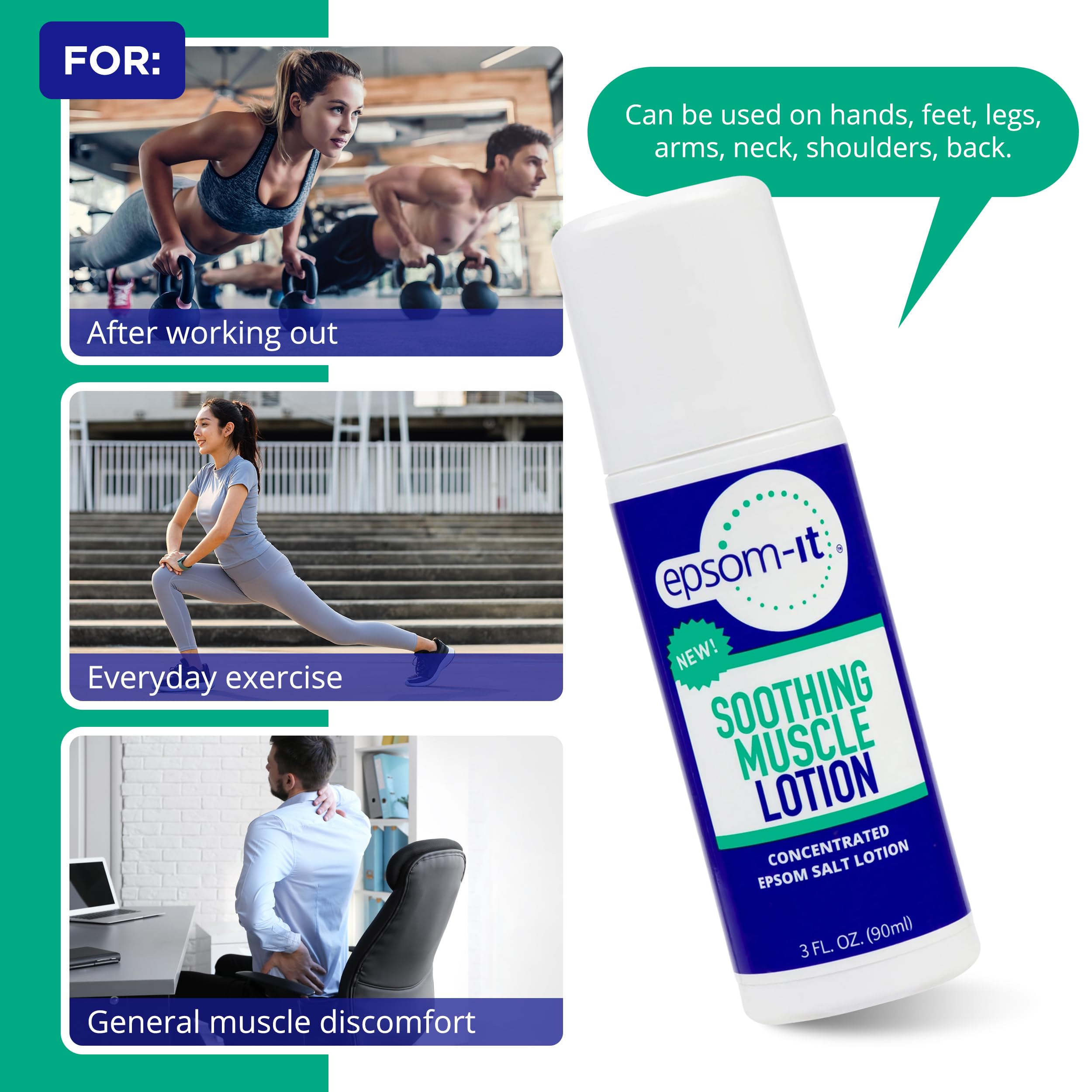 Epsom-It Soothing Muscle Lotion - Roll On Epsom Salt Lotion with Arnica for Muscle Stiffness, Leg, Knees and Feet Discomfort, Topical Magnesium Cream, 3oz EPSOM-IT buy supplements canada