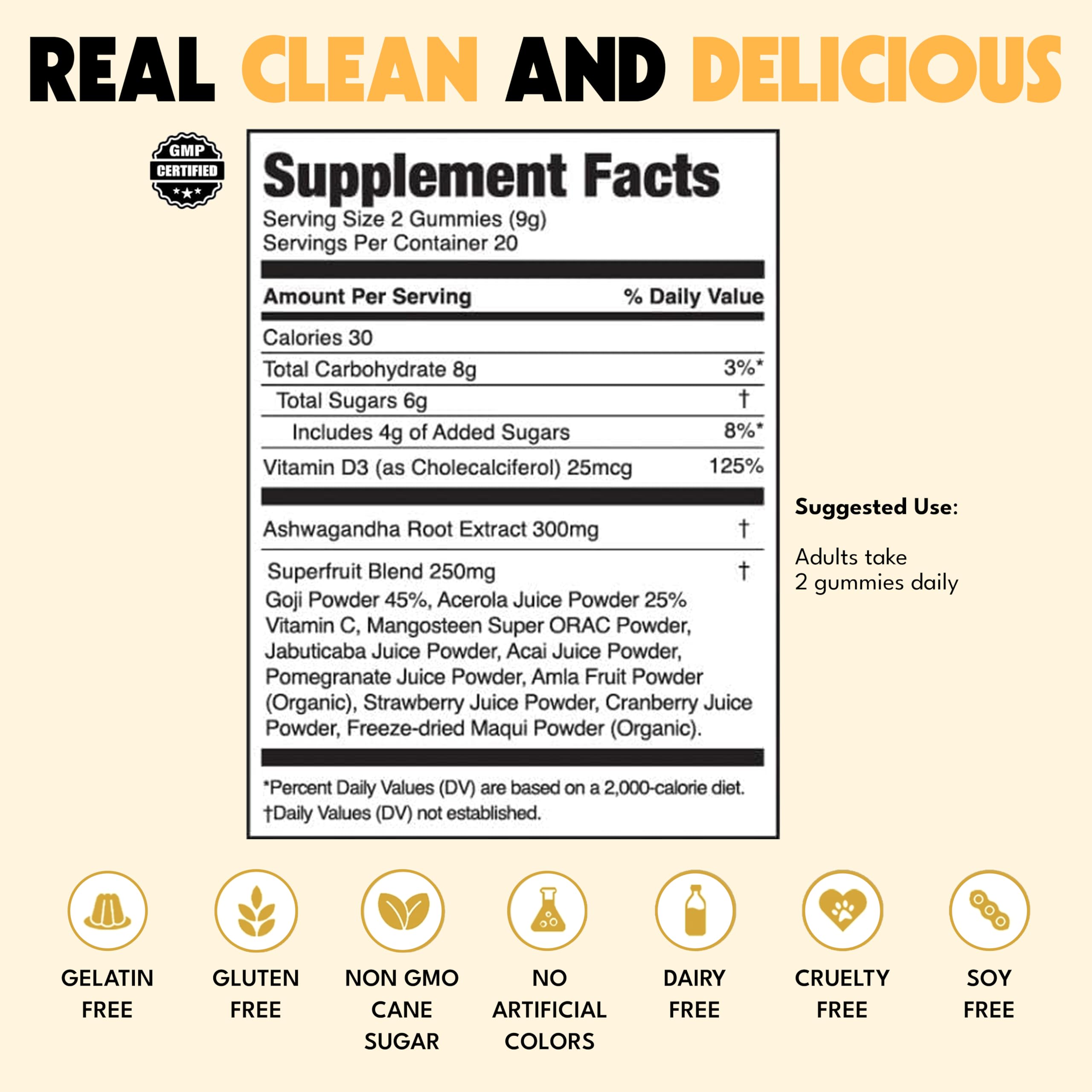 JUGO Focus + SUPERFOODS Ashwagandha Gummies with Vitamin D3 & Superfruit Blend, Vegetarian-Friendly Focus Supplement with Adaptogens, Gelatin-Free and Gluten-Free, Non-GMO, Made in USA, 40 Coun JUGO LLC buy supplements canada