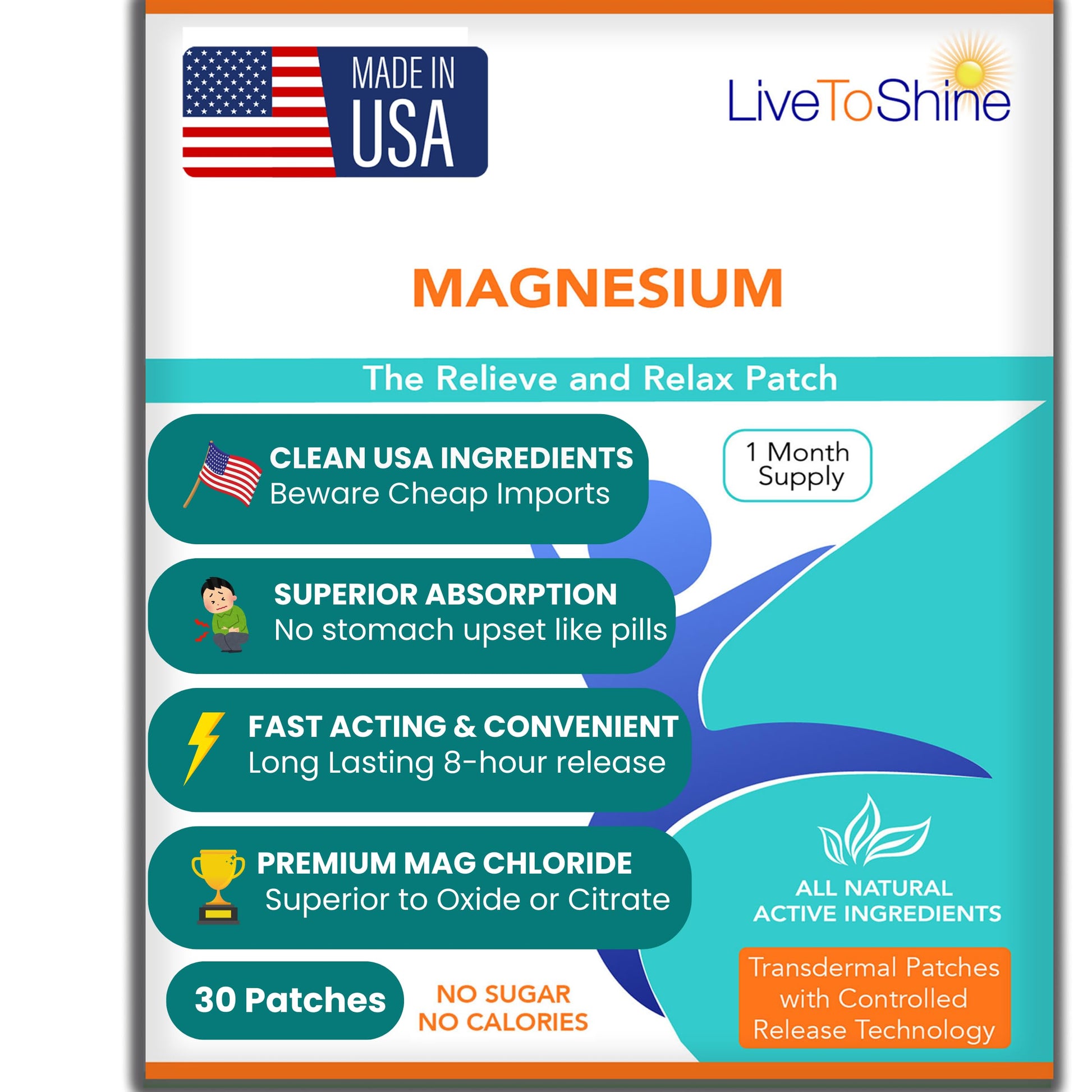 Magnesium Patches for Men and Women - Sleep Support & Relaxation, Muscle Recovery, Nerve Function - USA Made - 30 Premium Fast-Acting, Slow-Release Patches - Live To Shine Live To Shine buy supplements canada