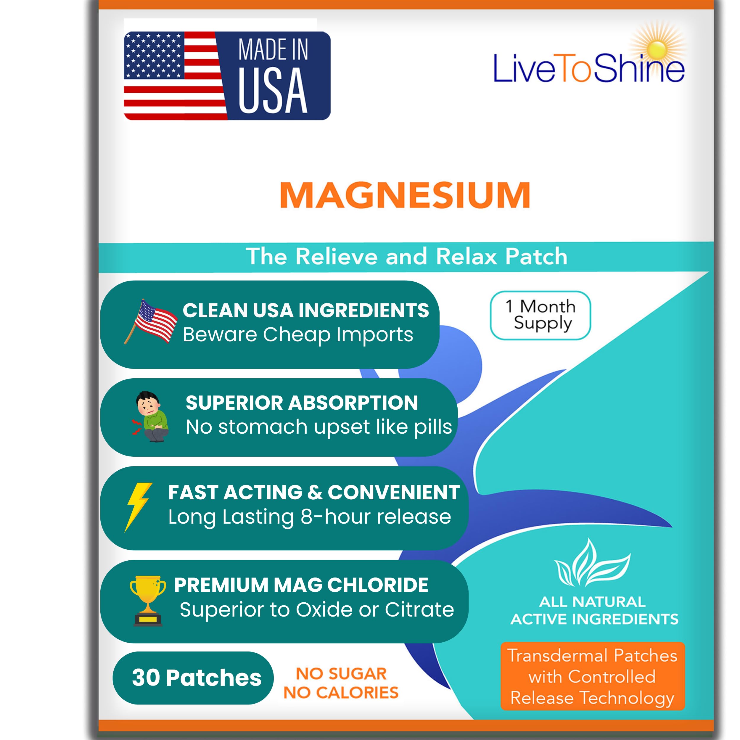 Magnesium Patches for Men and Women - Sleep Support & Relaxation, Muscle Recovery, Nerve Function - USA Made - 30 Premium Fast-Acting, Slow-Release Patches - Live To Shine Live To Shine buy supplements canada