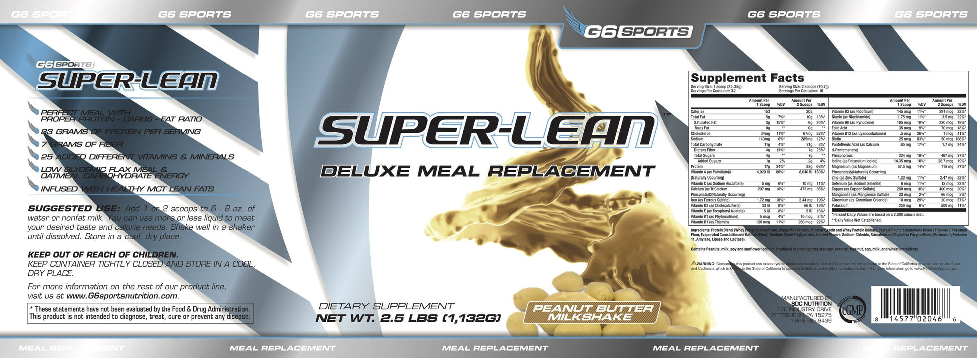 G6 Sports Nutrition Super-Lean Deluxe Meal Replacement (32g Protein, 7g Fiber, 25 Added G6 Sports buy supplements canada