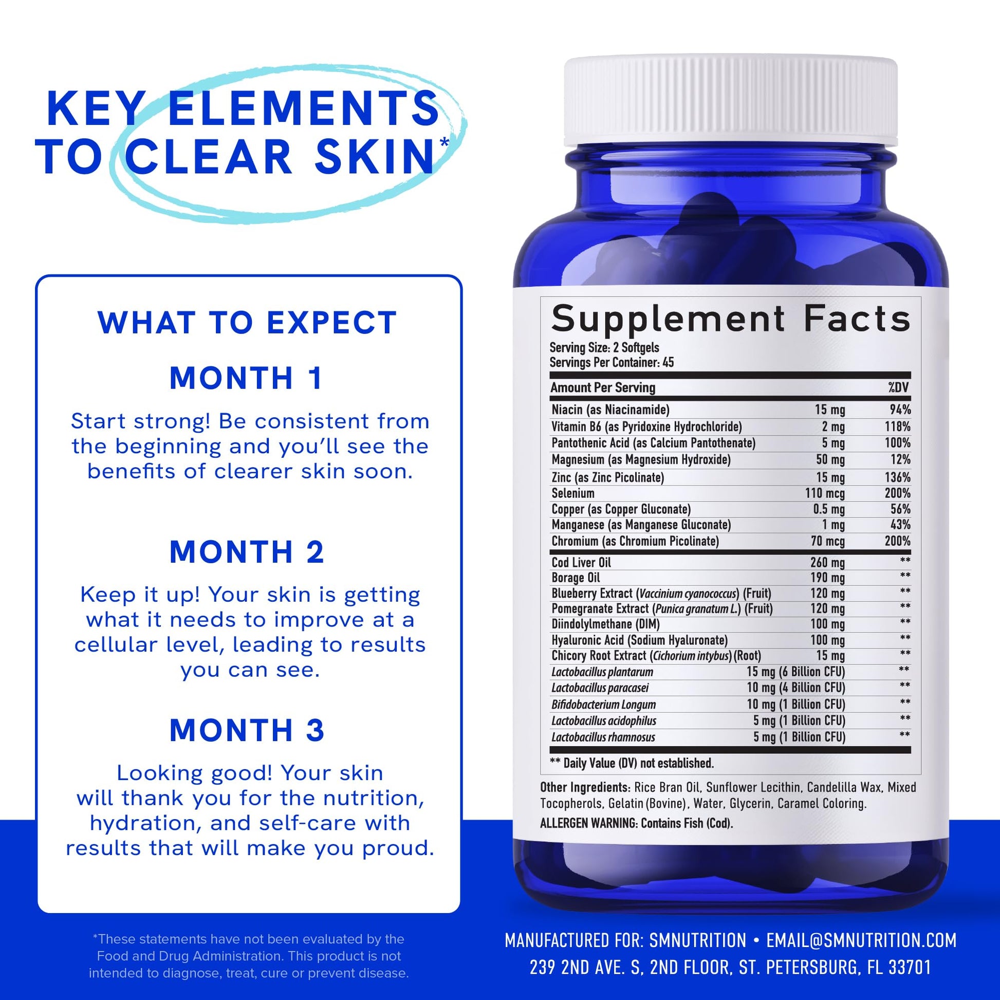 Clear Skin Supplement with Zinc, DIM & Probiotics | 3-in-1 Balance, Glow & Health Skin Support | Triple Action Hyaluronic Acid, Niaciminide & Vitamins for Hormone, Complexion & Gut Support | 180 Ct SMNutrition buy supplements canada