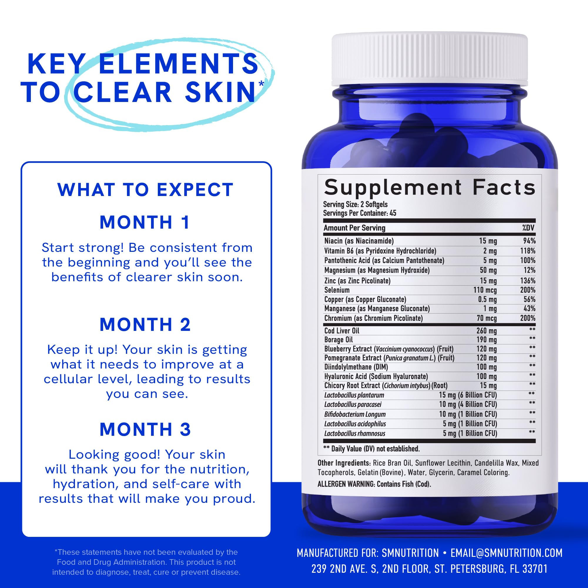 Clear Skin Supplement with Zinc, DIM & Probiotics | 3-in-1 Balance, Glow & Health Skin Support | Triple Action Hyaluronic Acid, Niaciminide & Vitamins for Hormone, Complexion & Gut Support | 180 Ct SMNutrition buy supplements canada
