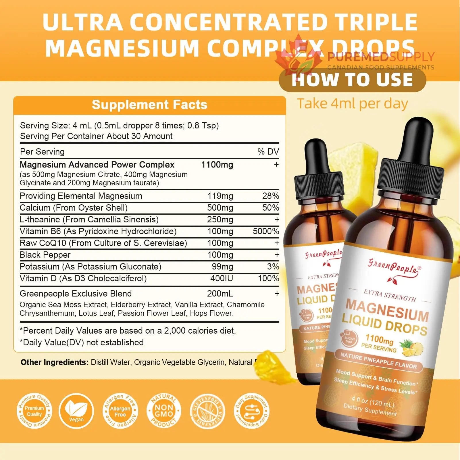 GREENPEOPLE 17-in-1 Triple Magnesium Complex Supplement,Magnesio Liquid Drops with Magnesium Glycinate & Citrate,Pineapple Flavor,Calm Mood,Muscle & Sleep for Adults,4 fl. oz 2Pack GREENPEOPLE buy supplements canada