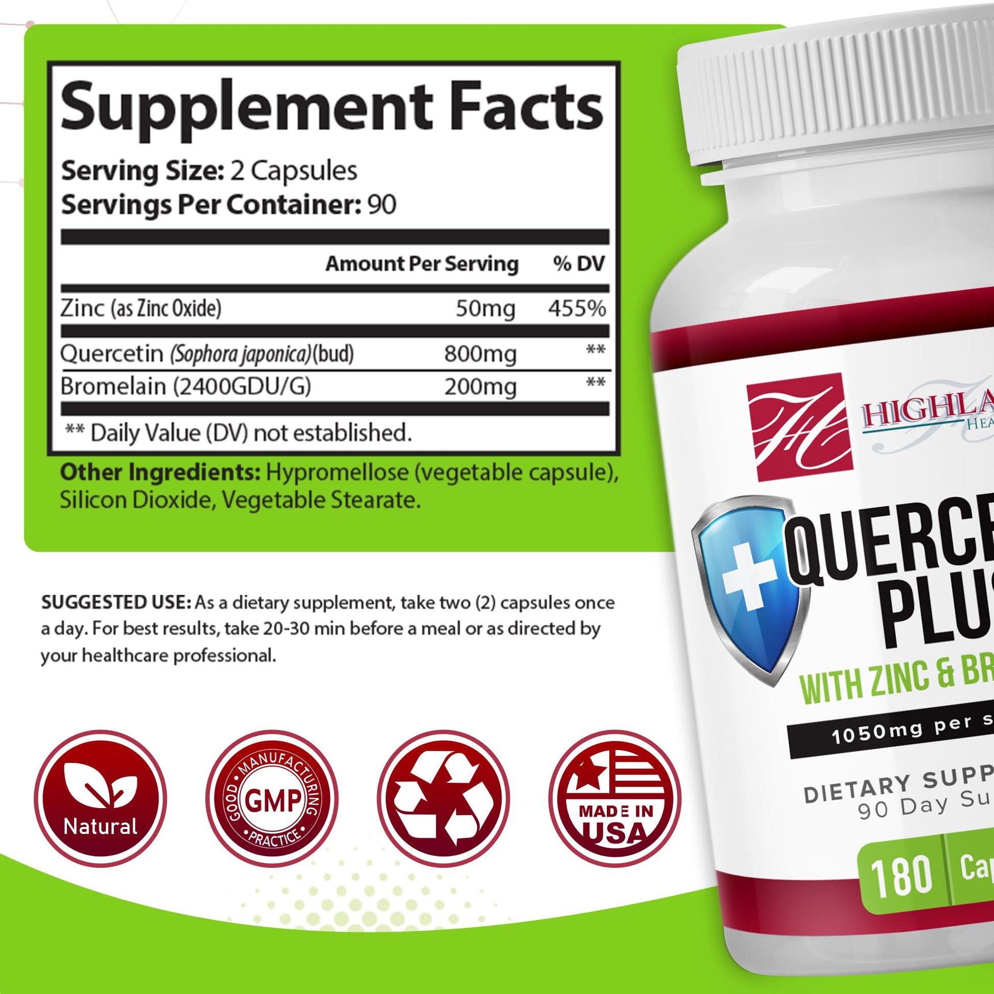 Highland Health Foods Quercetin Plus Bromelain and Zinc 180 Capsules - Immune Support Supplement for Adults, Teens, Seniors - Quercetin with Bromelain for Immune Support Highland Health Foods buy supplements canada