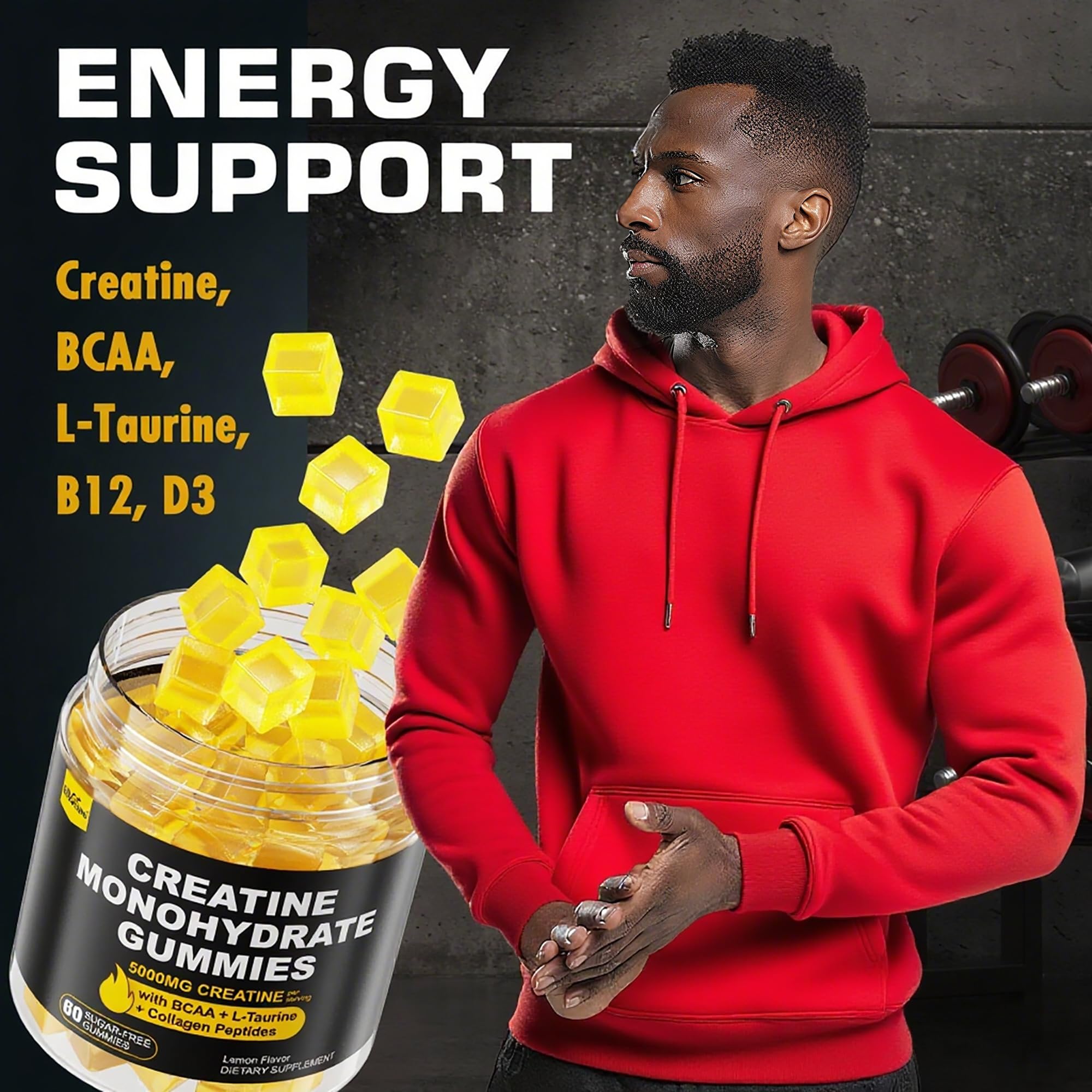 Creatine Monohydrate Gummies for Men & Women - with BCAA, Collagen Peptides, L-Taurine, Vitamin B12, D3, Chewables Creatine Monohydrate 5g Per Serving, Natural Lemon Flavor, Sugar Free, 2 Pack EnvyCure buy supplements canada
