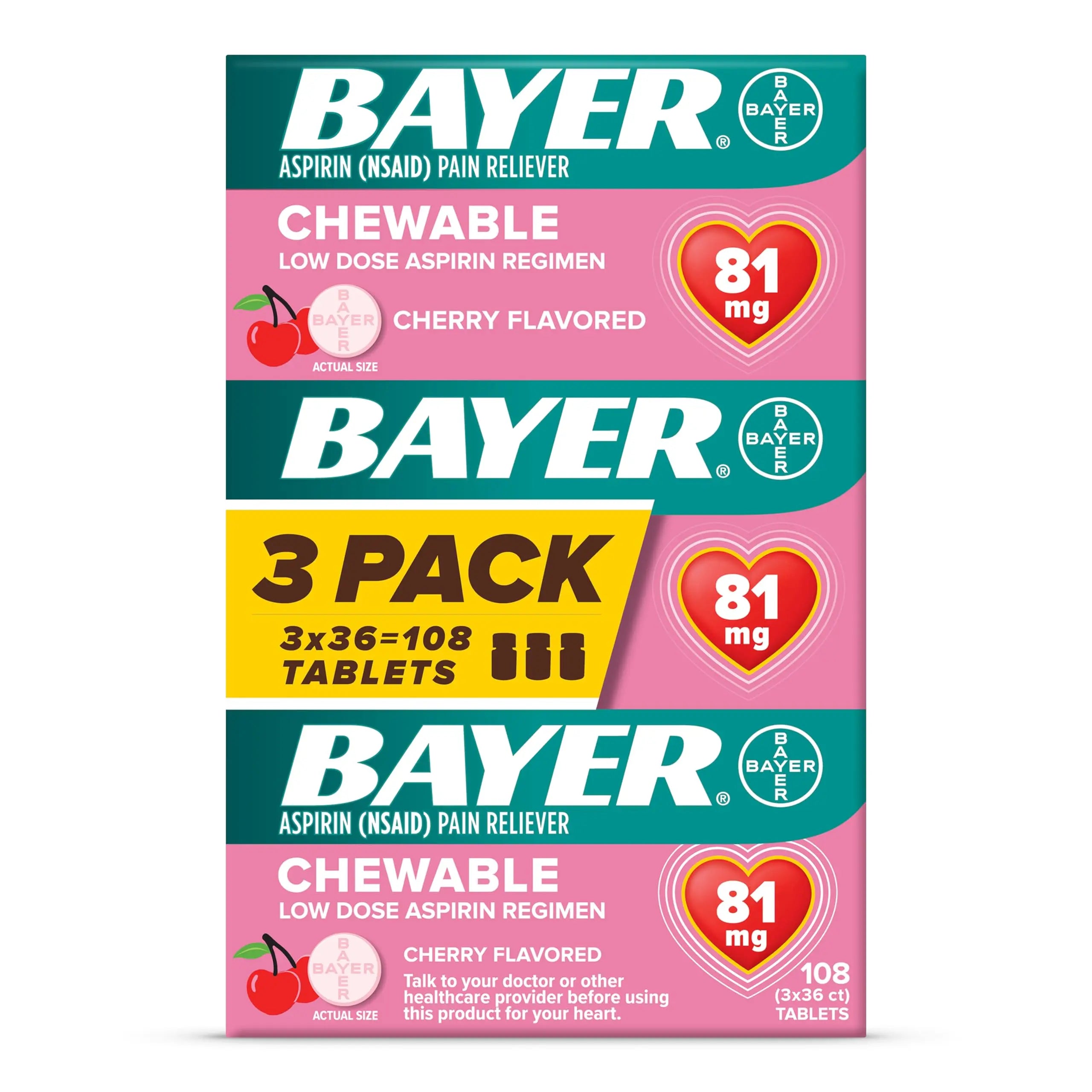 Bayer Aspirin Low Dose 81 mg Chewable Tablets, Pain Reliever, Cherry Flavored, 108 Tablets (36 Pack of 3) Bayer buy supplements canada