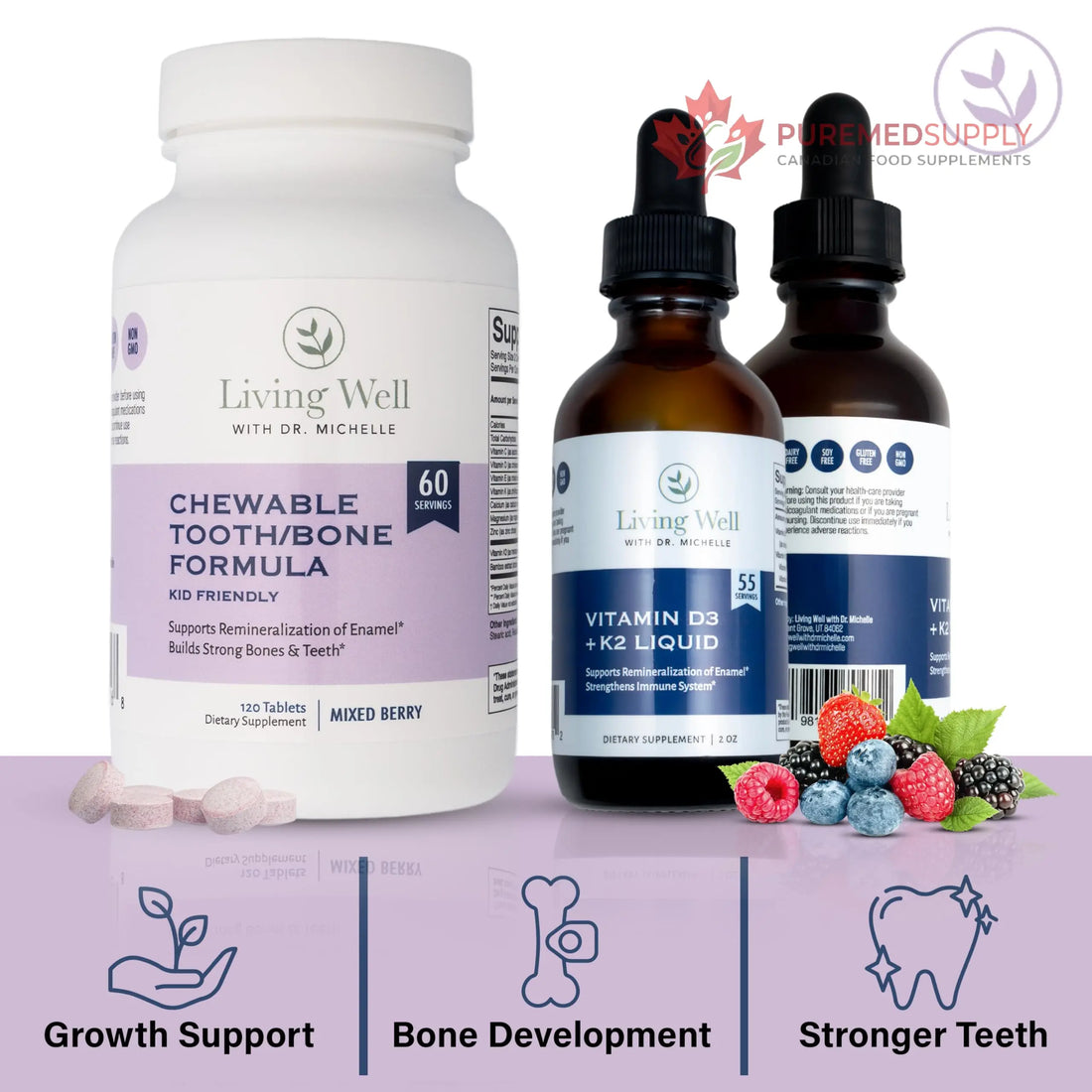 Kids Tooth & Bone Support Bundle | Chewable Calcium + D3 K2 & Liquid Vitamin D Supplement | Dentist-Developed | Strong Teeth, Enamel & Bone Health for Kids | Fluoride-Free, Non-GMO, Gluten-Free Living Well with Dr. Michelle buy supplements canada
