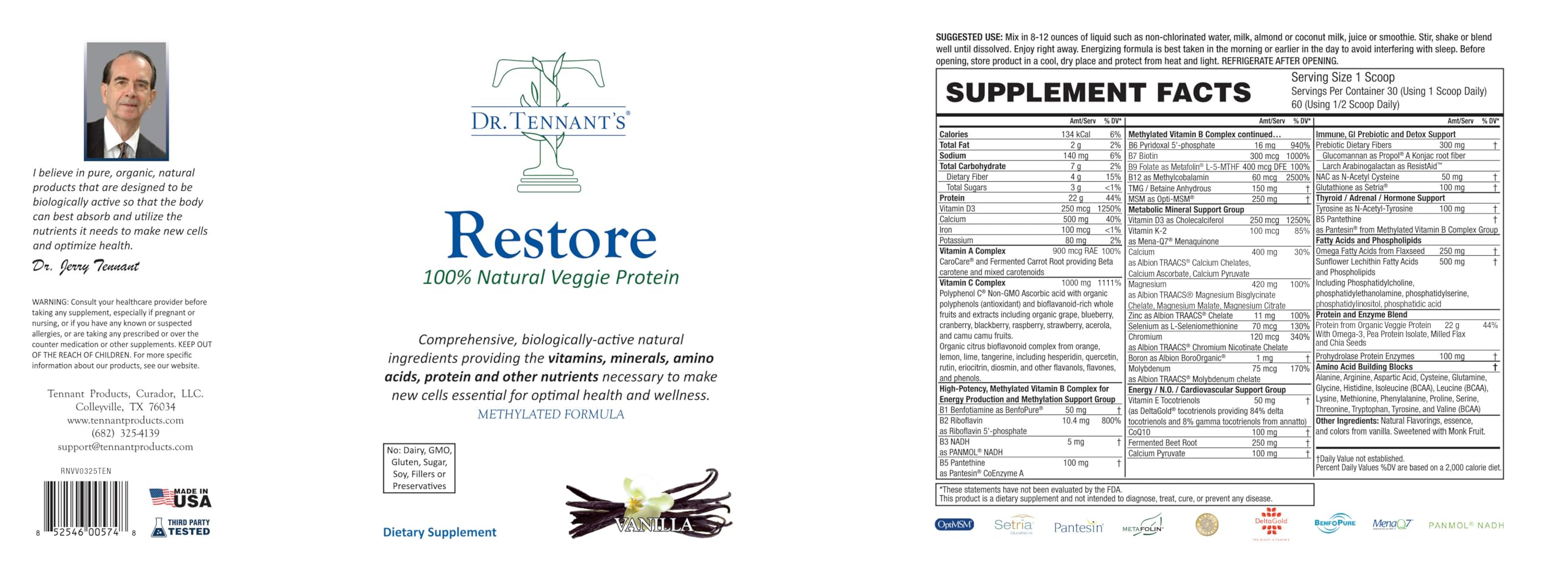 Restore Vanilla Veggie Protein | Premium Plant-Based Protein - 100% Natural and Omega 3 Fusion, Including Pea Protein Isolate - Low Carb, Keto, Dairy Free - 30 Day Supply Dr. Tennant's Dr. Tennant's buy supplements canada