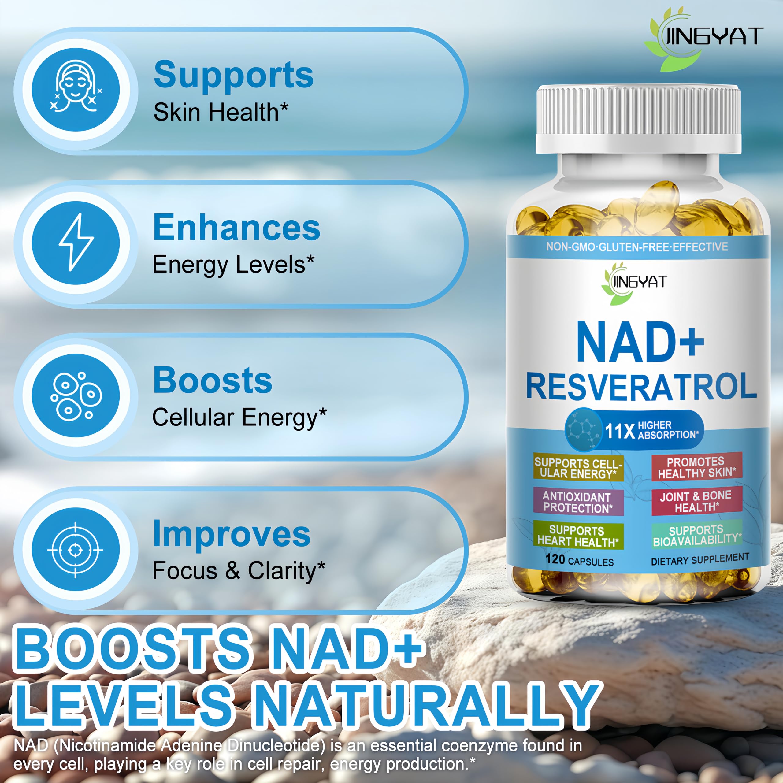 JINGYAT 11-in-1 NAD Supplement with Resveratrol, CoQ10, Quercetin, Collagen, Grape Seed for Cellular Energy, Mental Focus & Antioxidant Support - NAD Supplement for Women & Men, 120 Soft Capsules JINGYAT buy supplements canada