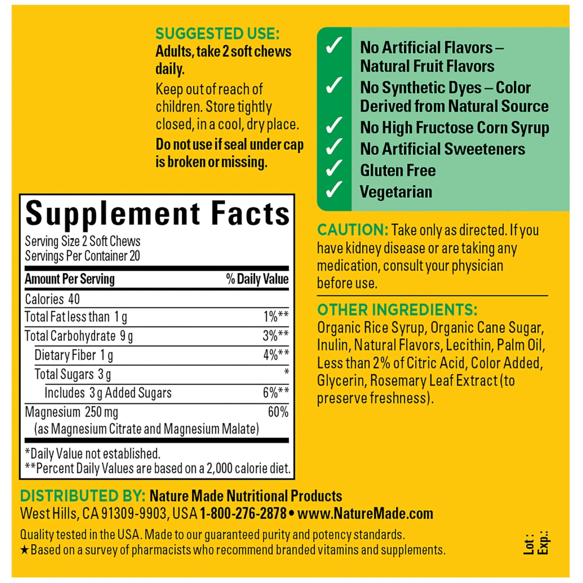 Nature Made High Absorption Magnesium Complex Soft Chews, Magnesium Supplement for Muscle, Heart, Bone Support, Magnesium Citrate & Malate Blend 250 mg per Serving, 40 Vegetarian Chews, 20 Day Supply Nature Made buy supplements canada