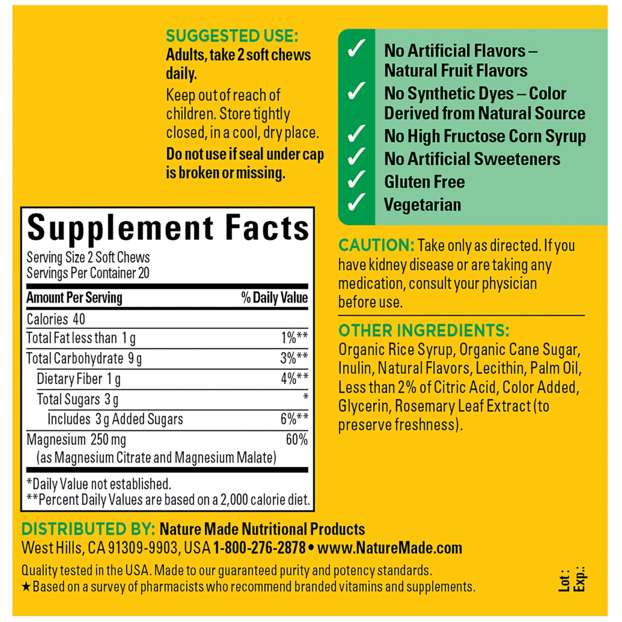 Nature Made High Absorption Magnesium Complex Soft Chews, Magnesium Supplement for Muscle, Heart, Bone Support, Magnesium Citrate & Malate Blend 250 mg per Serving, 40 Vegetarian Chews, 20 Day Supply Nature Made buy supplements canada