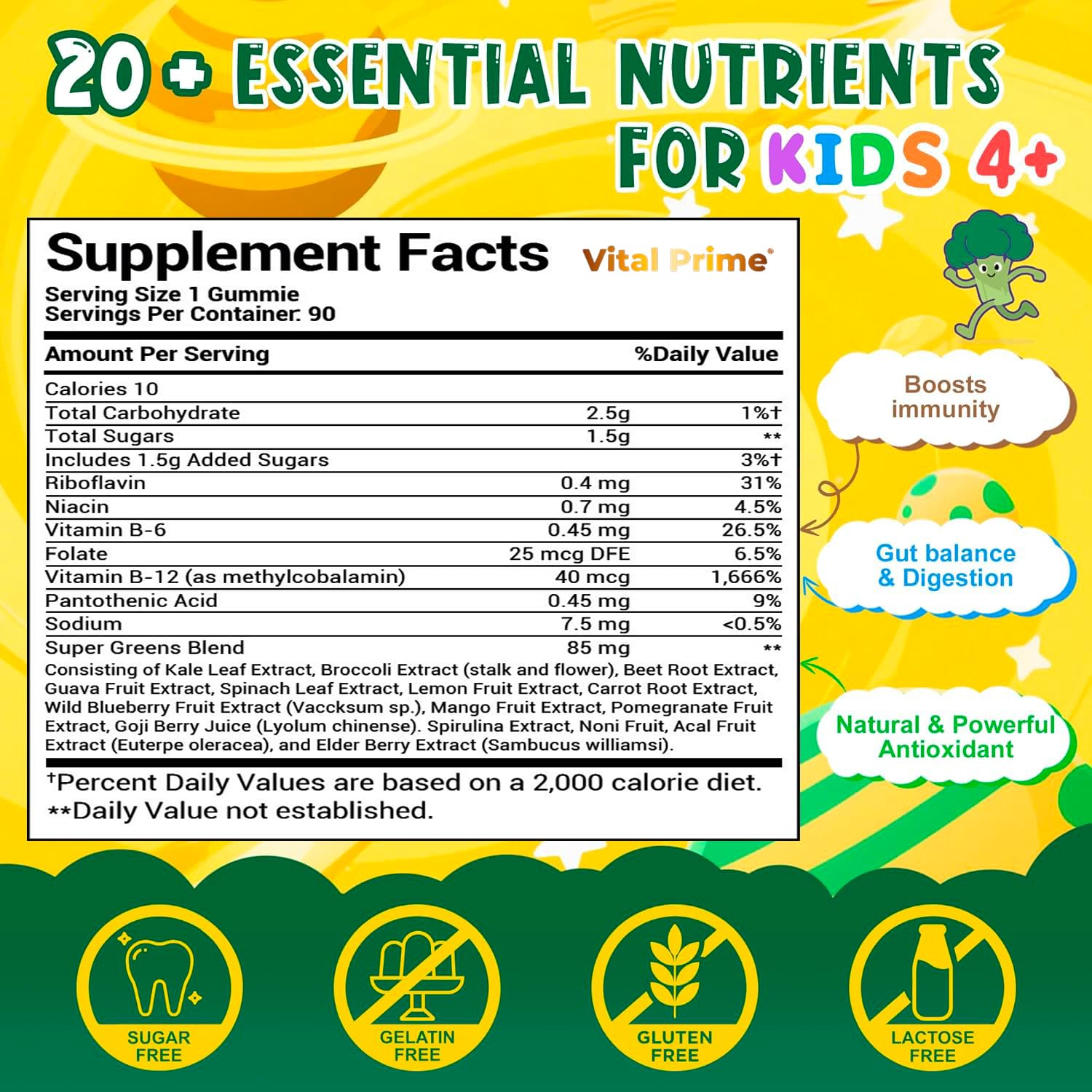 FourRoar Vital Prime Super Green Gummies for Kids 90 Count Strawberry & Watermelon Flavor | Fruit and Vegetable Gummies | Vegan Veggies Gummy Multivitamin for Kids FourRoar buy supplements canada