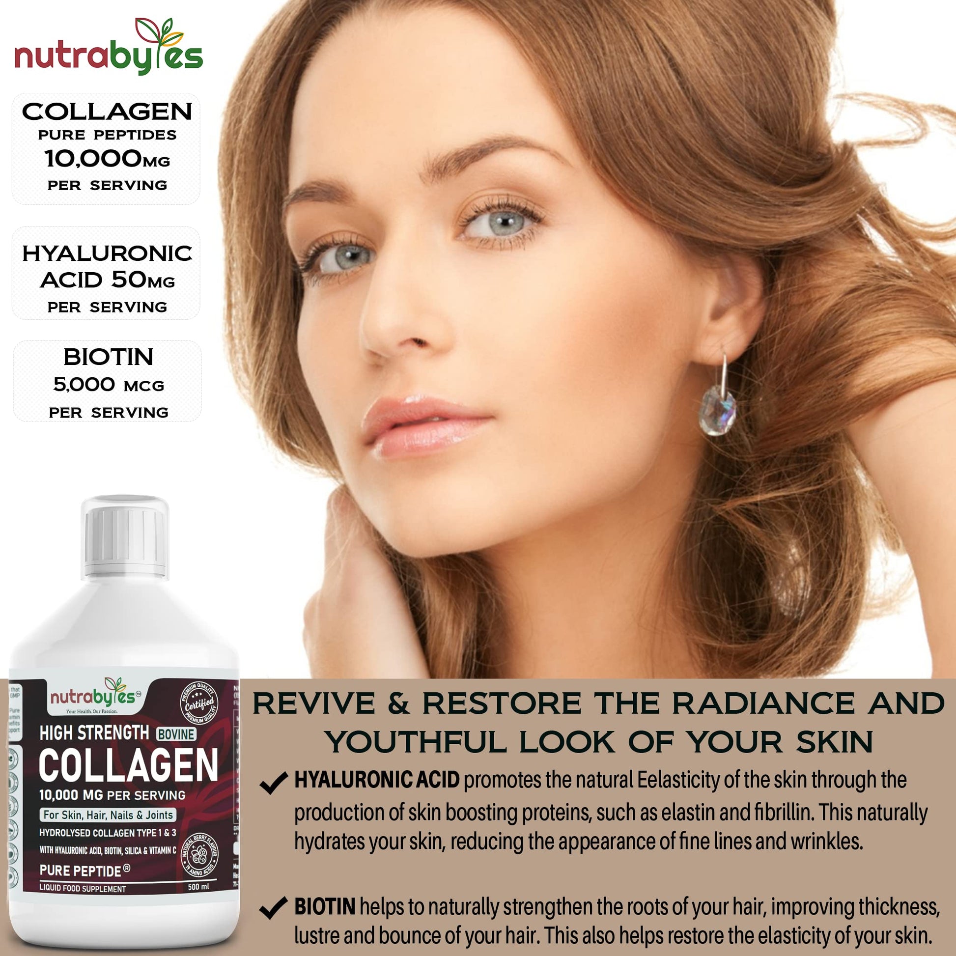 Collagen Liquid 10000mg, Hydrolysed Peptides | Hyaluronic Acid, Biotin, Silica, Vitamin C, Vitamin B12 NUTRABYTES buy supplements canada