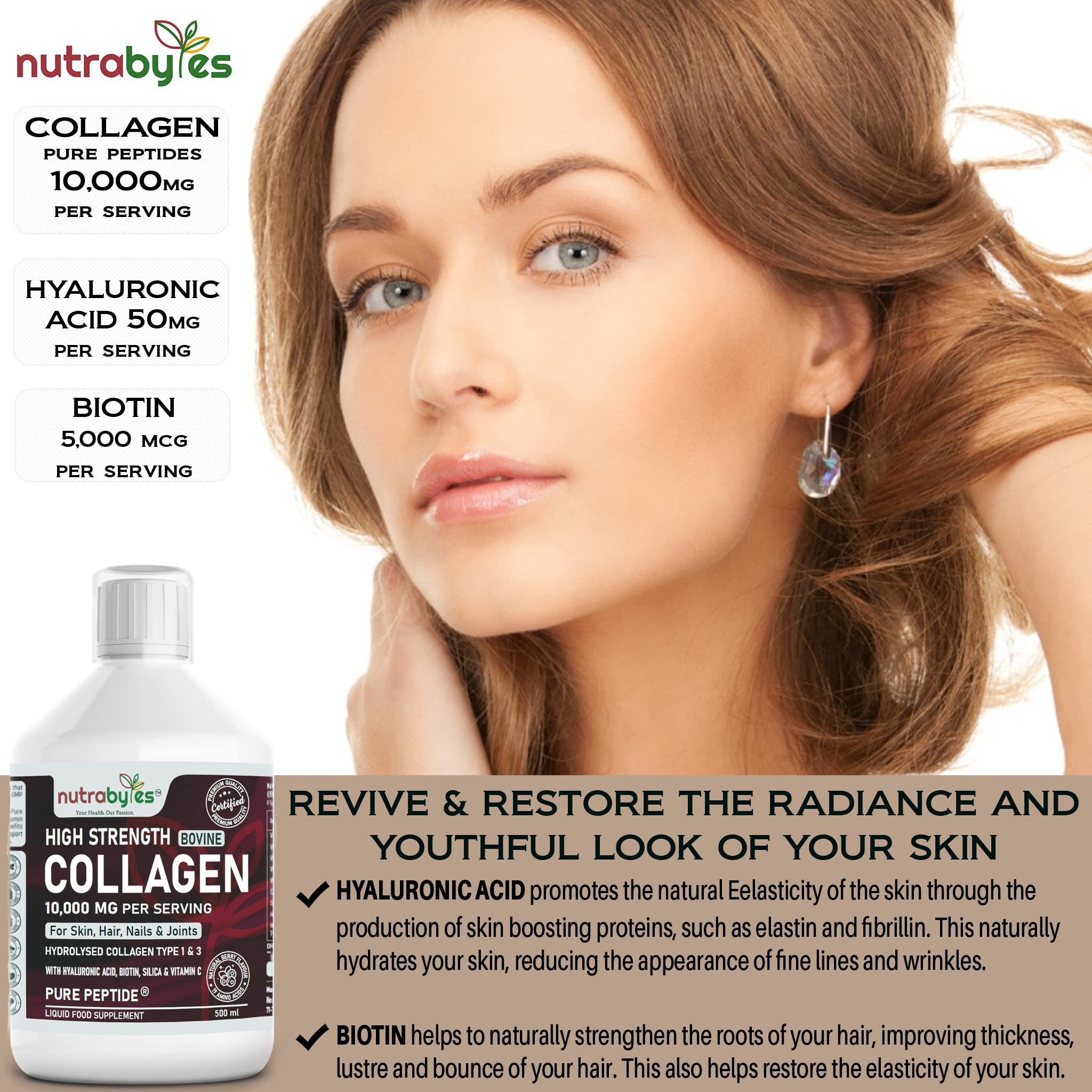 Collagen Liquid 10000mg, Hydrolysed Peptides | Hyaluronic Acid, Biotin, Silica, Vitamin C, Vitamin B12 NUTRABYTES buy supplements canada