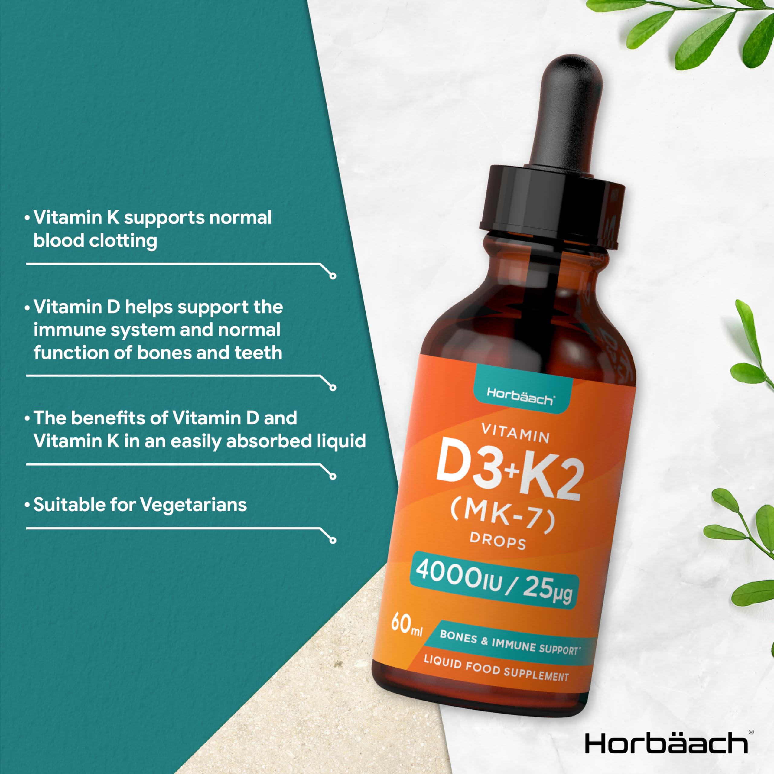 Vitamin D3 K2 Drops | 60mL | High Strength Vitamin D3 4000iu and K2 25ug | No Artificial Horbäach buy supplements canada