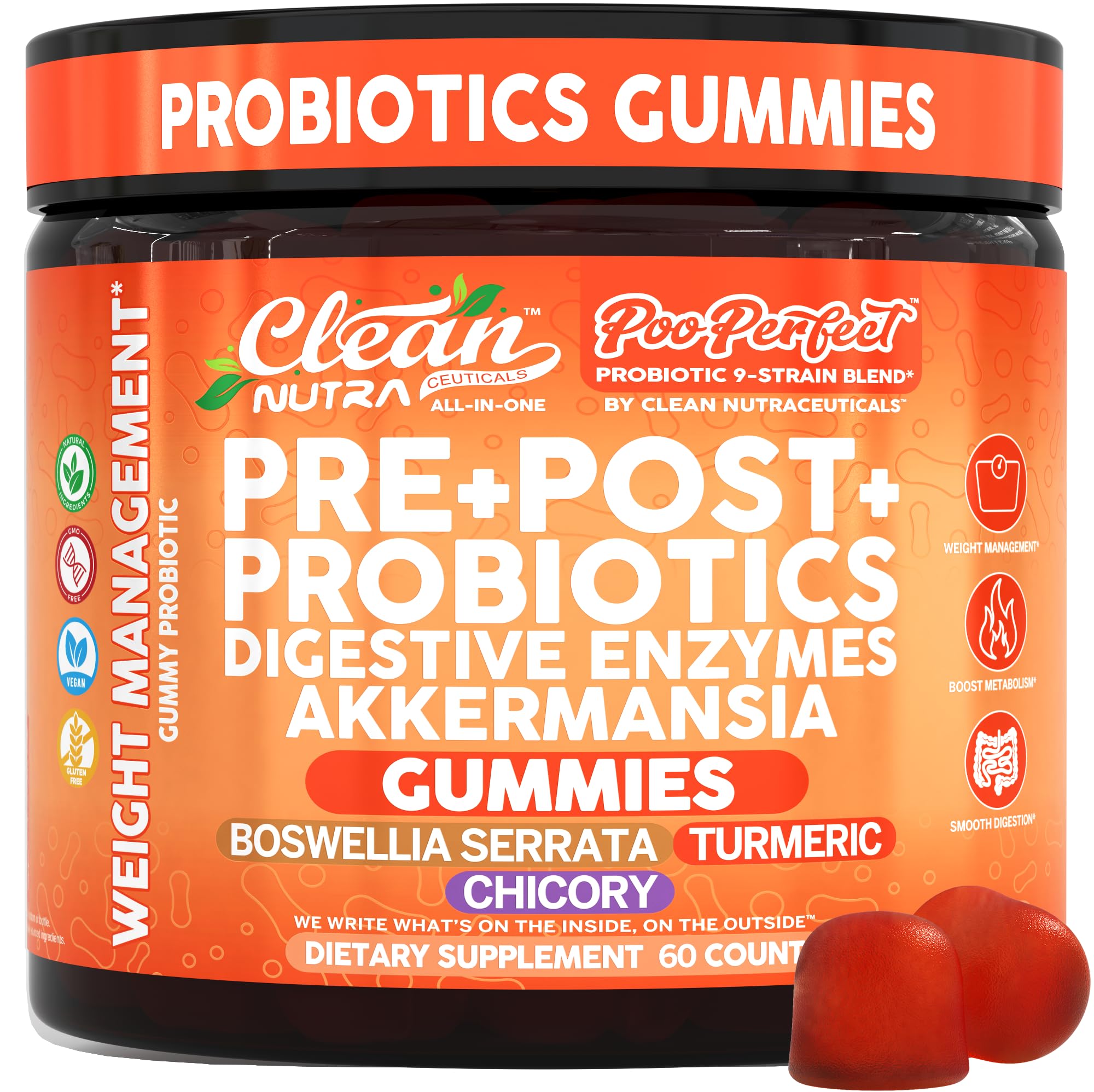 Clean Nutra Prebiotic Postbiotic Digestive Enzymes Gummies with Chicory Root, Boswellia Serrata, Turmeric, and Akkermansia | Pre+Post Probiotics Supplement Clean Nutraceuticals buy supplements canada