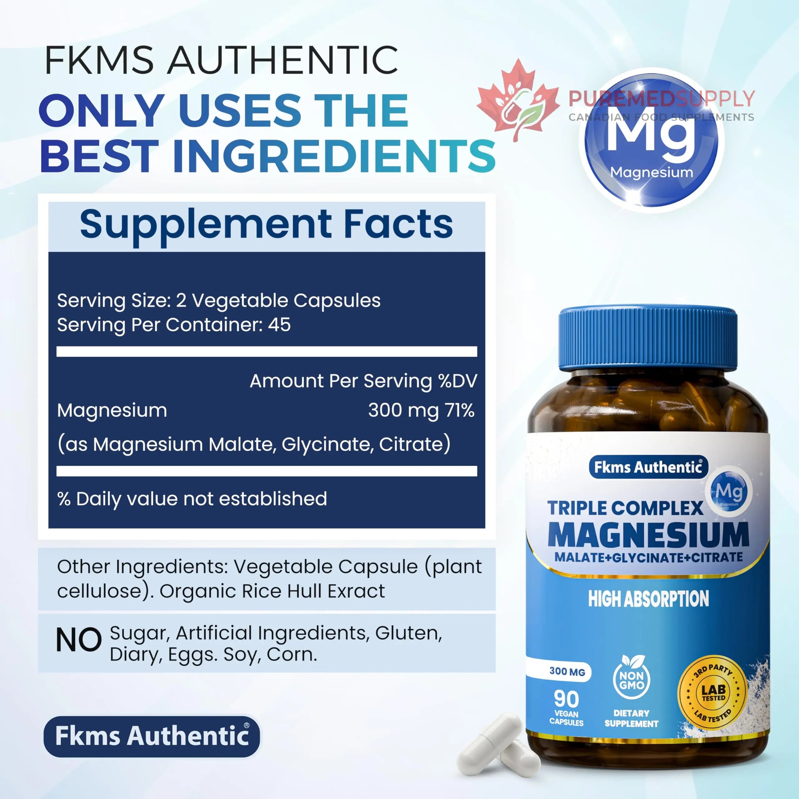 FKMS Authentic Triple Magnesium Complex | 300mg Magnesium Glycinate, Malate & Citrate for Sleep, Stress & Muscle Support | Non-GMO, Vegan, Gentle on Stomach | High Absorption | 90 Capsules FKMS AUTHENTIC buy supplements canada