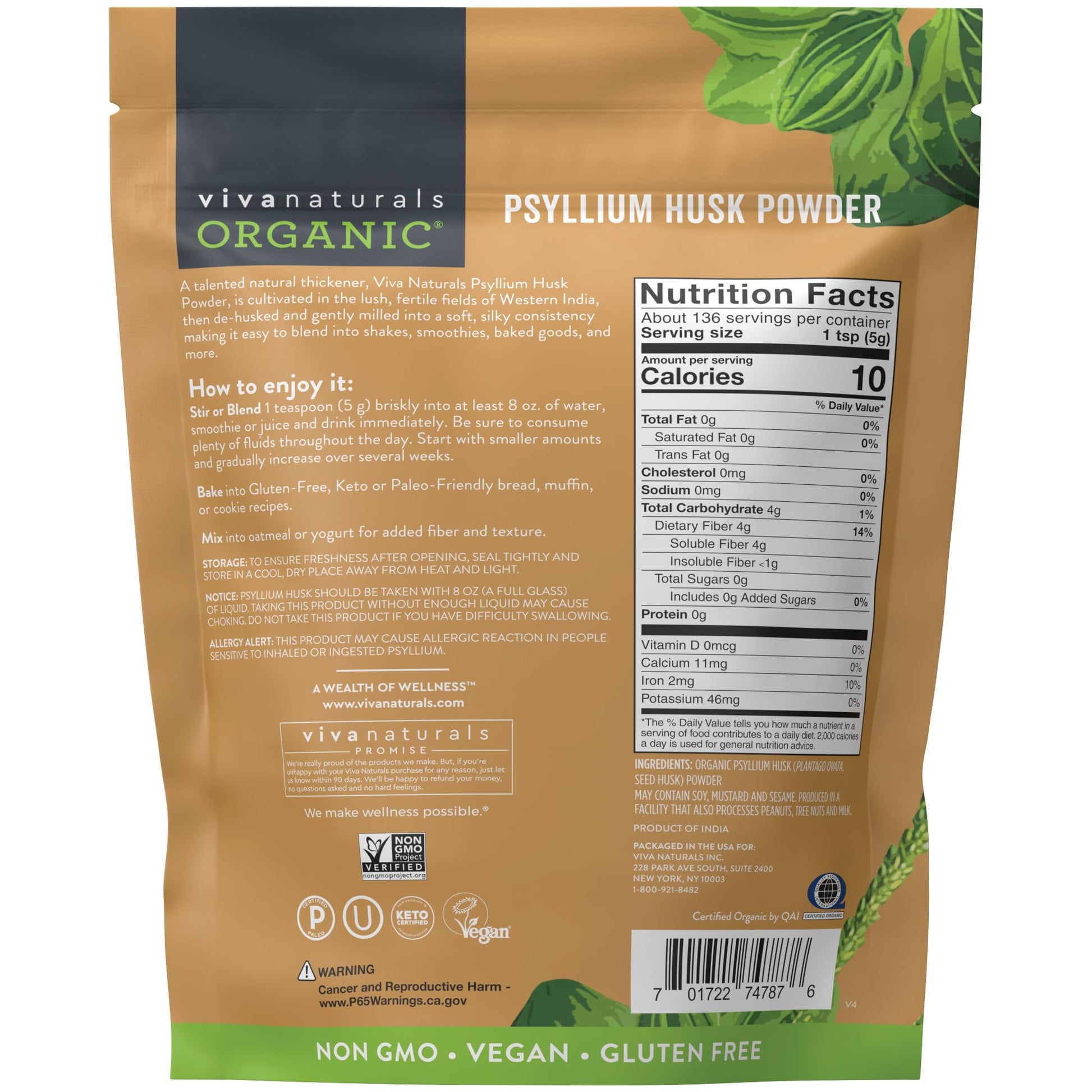 Viva Naturals Organic Psyllium Husk Powder, 24 oz – Finely Ground, Unflavored, Vegan, Keto, Paleo, Non-GMO Plant-Based Superfood, Good Source of Fiber for Gluten-Free Baking, Juices & Smoothies Viva Naturals buy supplements canada