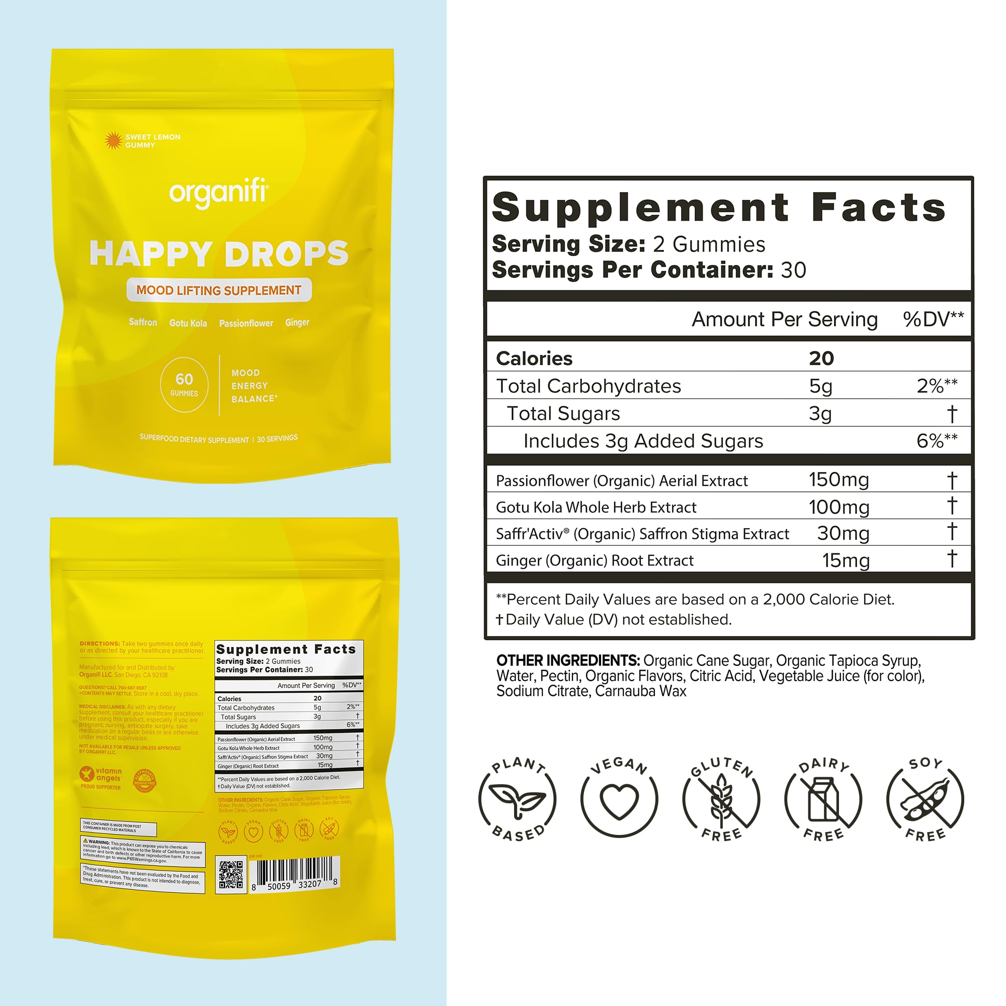 Organifi Happy Drops - Daily Superfood Happy Gummies for Adults - Mood Support Supplement for Balance, Bliss, Energy and Taking the Edge Off - Sweet Lemon Flavor - 60 Gummies Organifi buy supplements canada