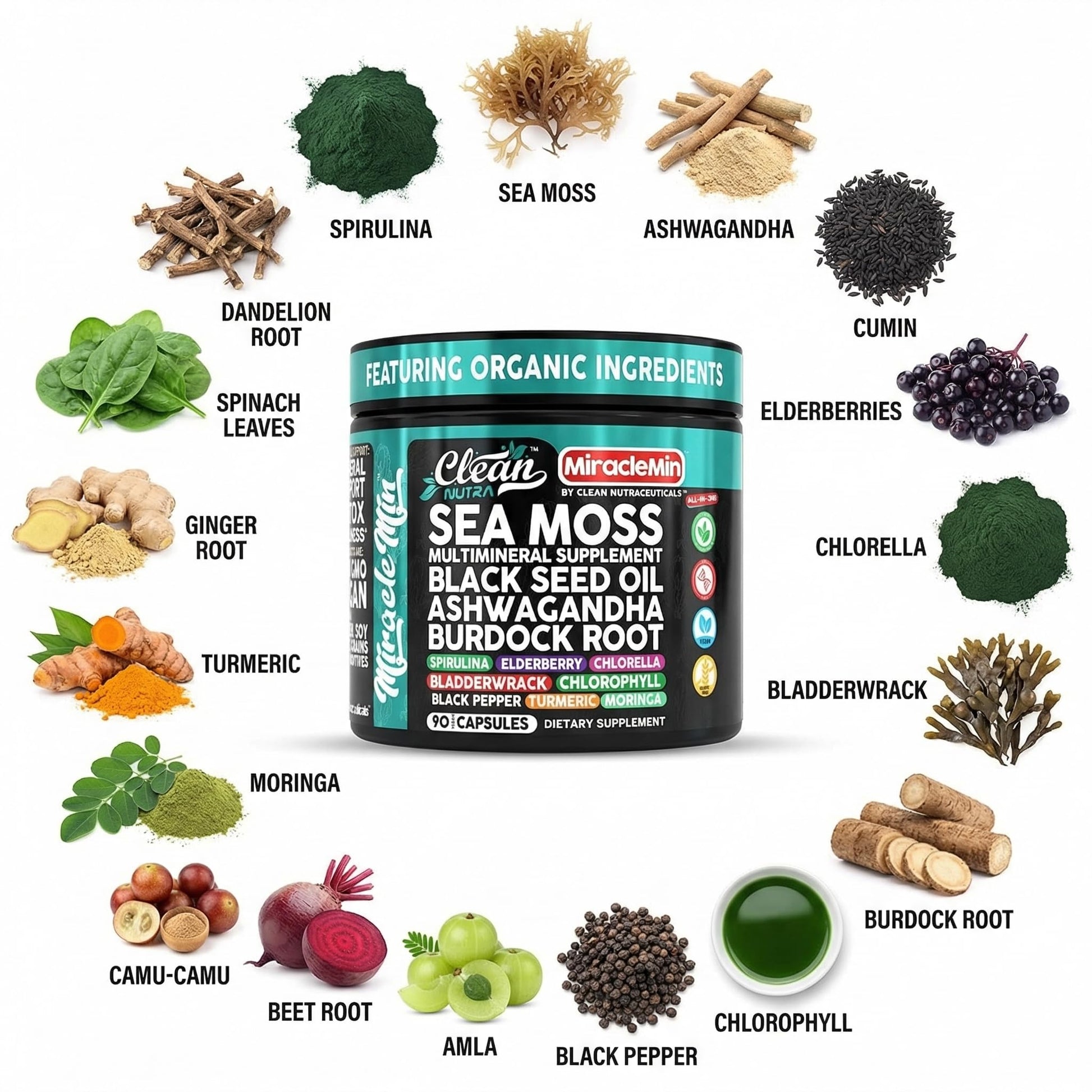 Clean Nutra Organic Sea Moss Capsules with Ashwagandha, Black Seed Oil, Burdock Root, Bladderwrack, Moringa, Chlorella, Spirulina, Turmeric, Elderberry, Amla – 90 Vegan Capsules – MiracleMin Clean Nutraceuticals buy supplements canada
