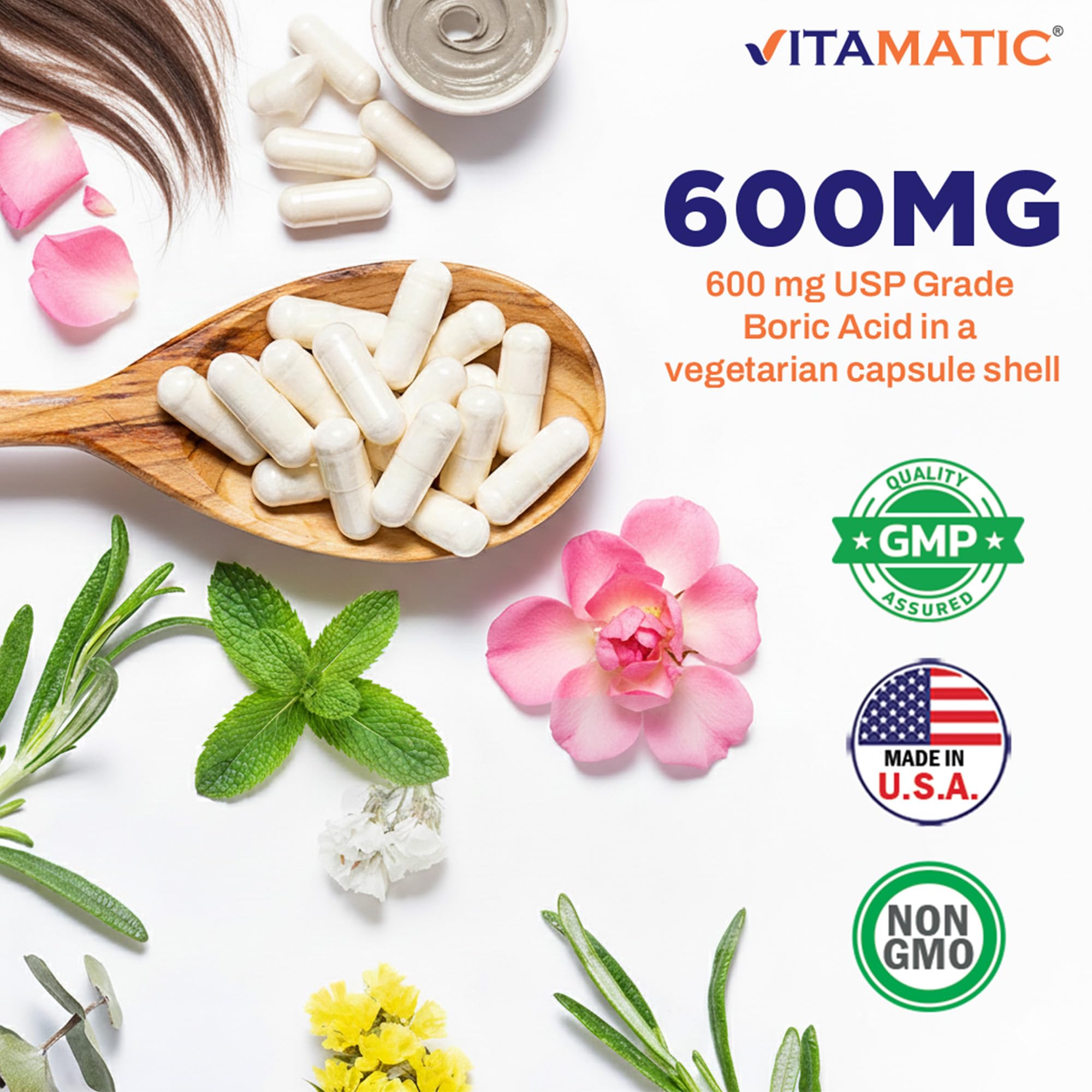 Vitamatic Boric Acid Vaginal Capsule Shell Suppositories 600 mg USP Grade Boric Acid in Vegetarian Capsule Shell - 60 Count Vitamatic buy supplements canada